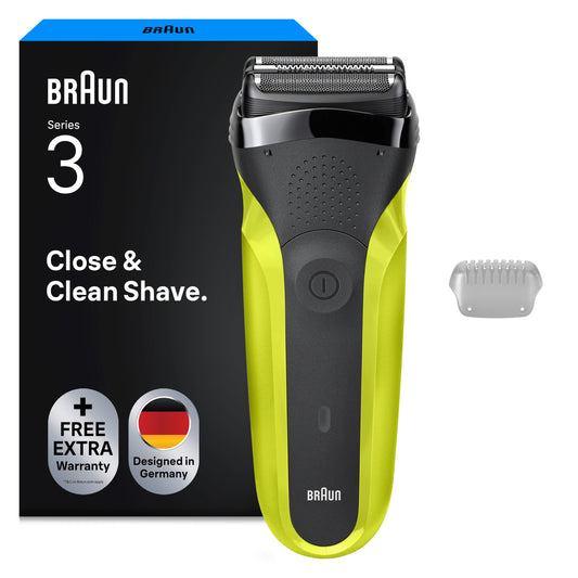 Braun Series 3 300S Rasoir electric cu 3 lame flexibile, reîncărcabil și fără fir, rasoir electric cu folie lavabilă, Negru/Verde electric (pachet de 1)