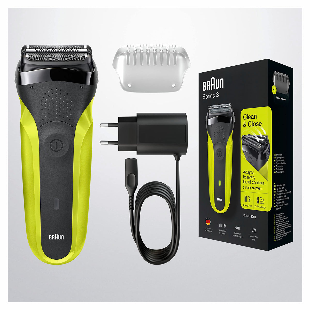 Braun Series 3 300S Rasoir electric cu 3 lame flexibile, reîncărcabil și fără fir, rasoir electric cu folie lavabilă, Negru/Verde electric (pachet de 1)
