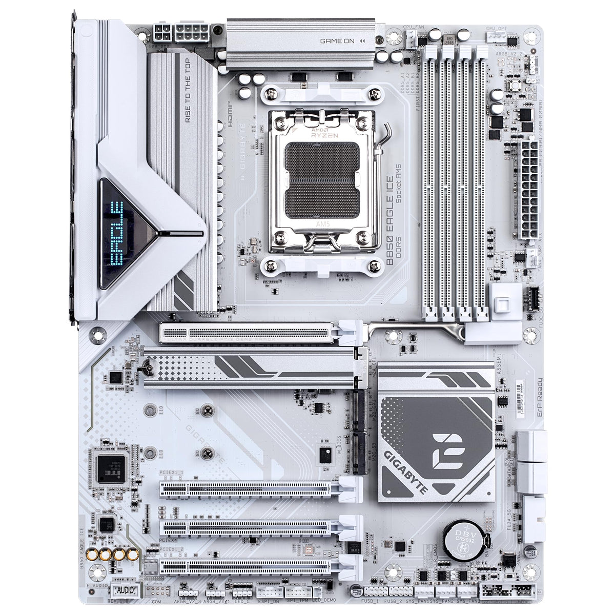 GIGABYTE B850 Eagle Ice Placă de bază – procesoare AMD Ryzen din seria 9000, VRM digital 8+2+2 faze, până la 8200 MHz DDR5 (O.C), 1 x PCIe 5.0 M.2 + 2 x PCIe 4.0 M.2, LAN 2.5 GbE, USB 3.2 Gen 2