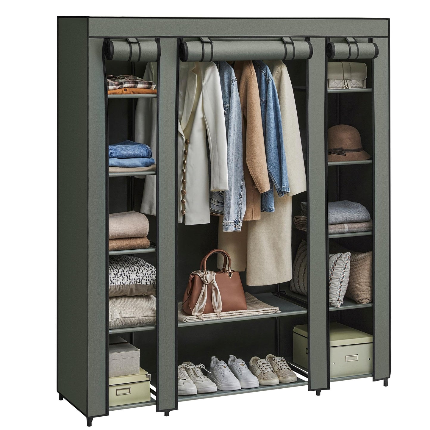 SONGMICS wardrobe, fabric wardrobe, with non-woven fabric cover, folding wardrobe with clothes rail, 45 x 150 x 175 cm, 12 shelves, metal frame, wardrobe for bedroom, sage green LSF003C02