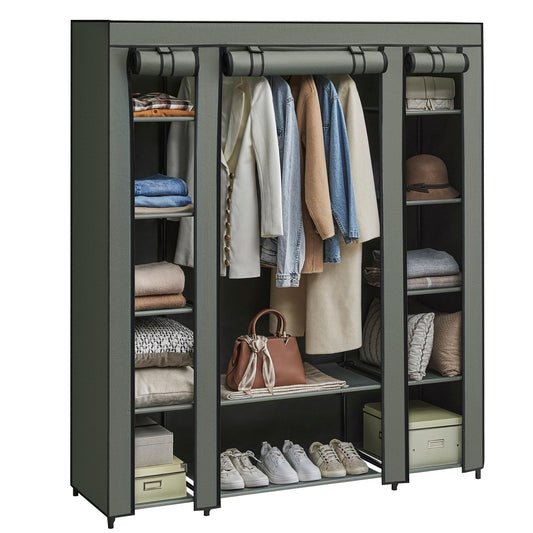 SONGMICS wardrobe, fabric wardrobe, with non-woven fabric cover, folding wardrobe with clothes rail, 45 x 150 x 175 cm, 12 shelves, metal frame, wardrobe for bedroom, sage green LSF003C02