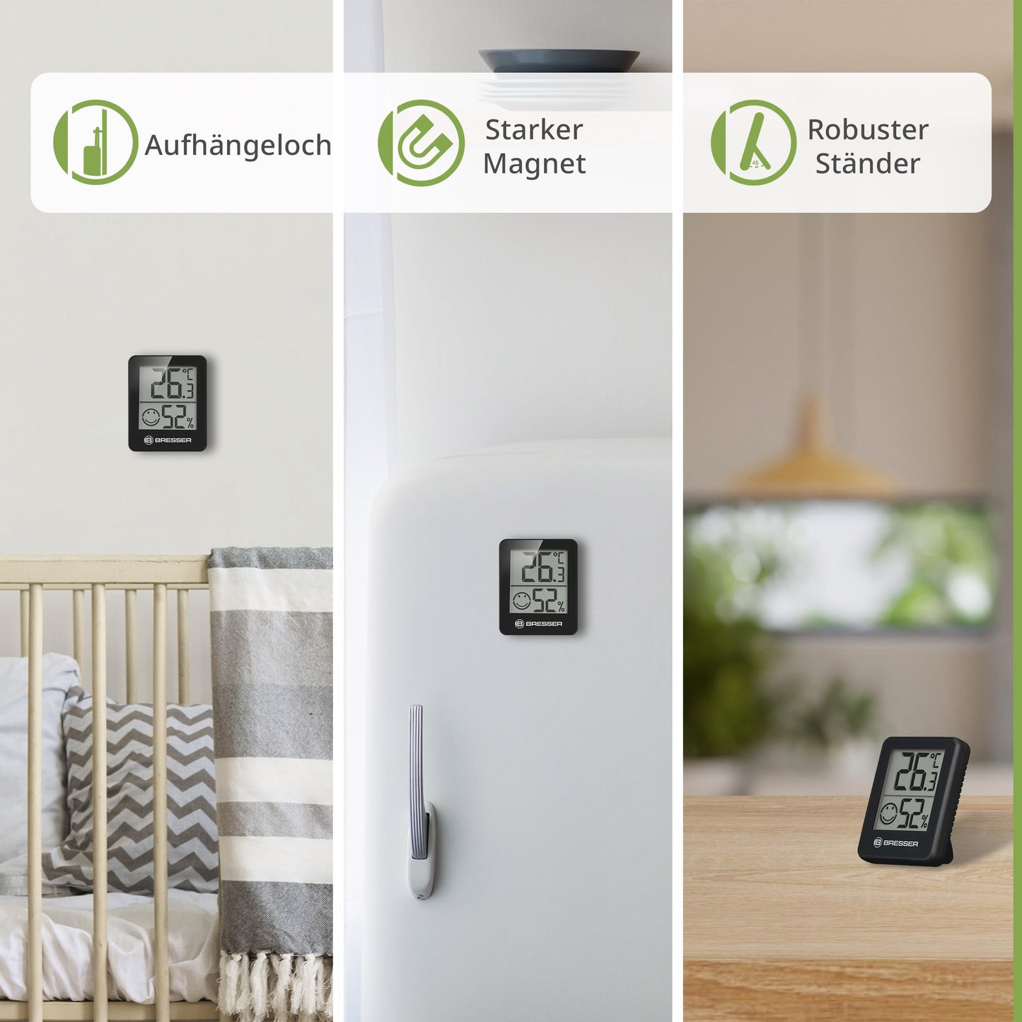 Bresser set of 6 thermometer hygrometers - digital room thermometer for checking interior humidity, suitable for refrigerators, wall mounting and magnet, mold prevention - indicator smiley, black - 7000015CM3000