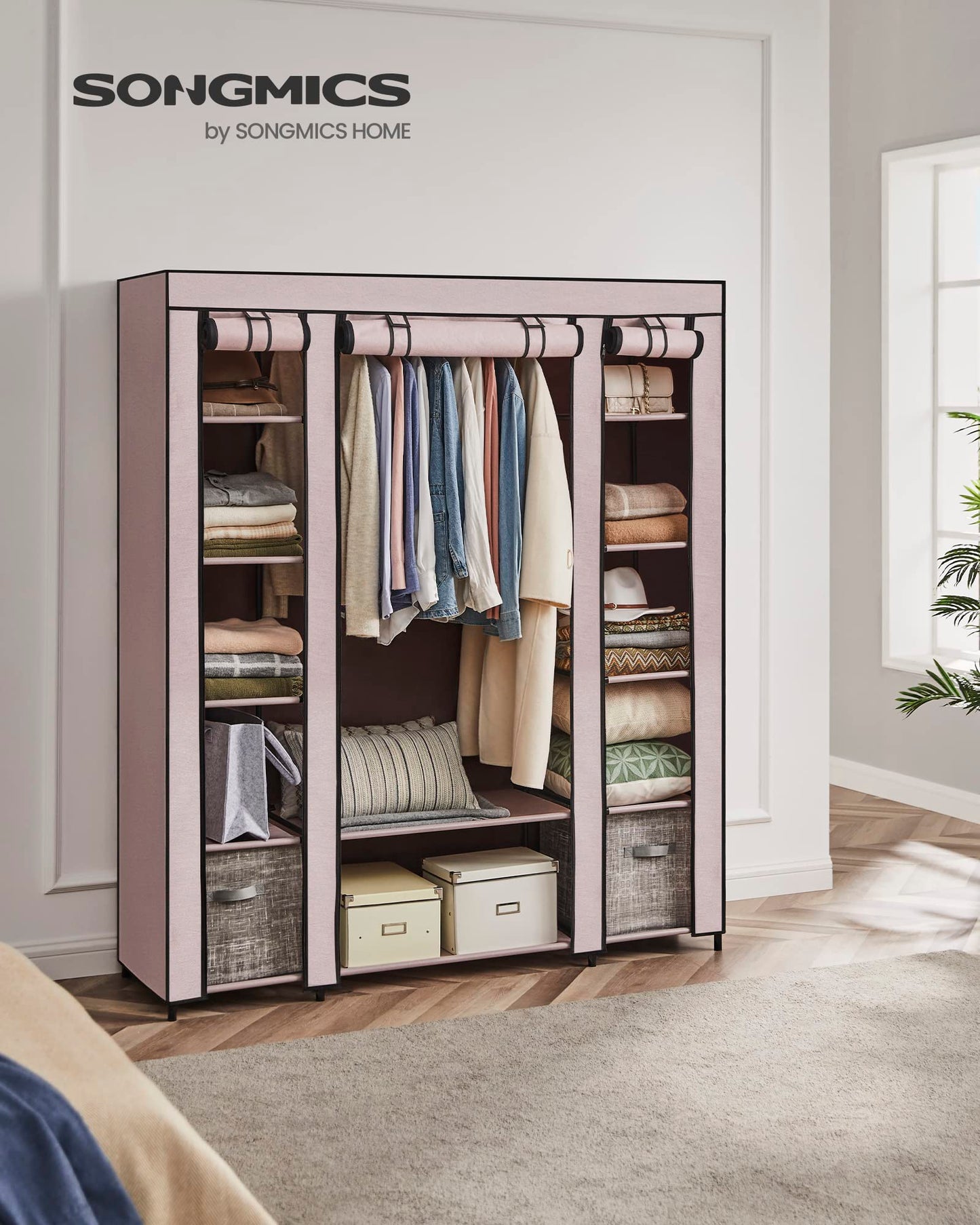 Songmics Fabric Wardrobe Portable Bedroom Clothes Rack with Fabric Cover 45 x 150 x 175 cm 12 Compartments Metal Structure Pink (Powder Pink) LSF003P02
