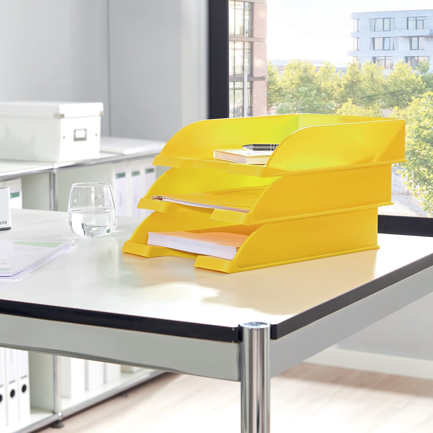 Leitz letter basket standard A4, pack of 5, letter tray in premium quality, stackable storage compartments as desk organiser, can be combined with Plus series, yellow frost, 52270010