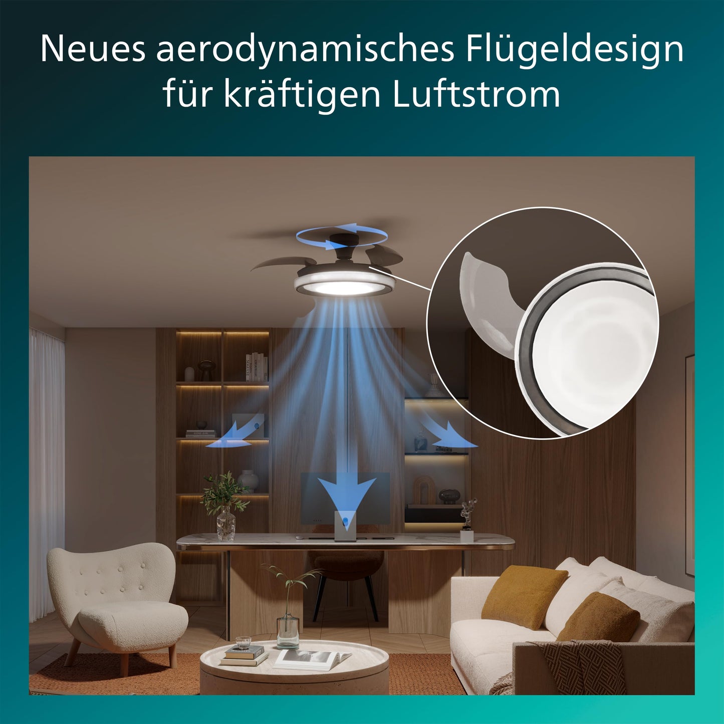 Philips Bliss ceiling fan with LED light and retractable blades, 3 blades, 106 cm wingspan, 4,500 lumens, adjustable. Light (3,000 K to 6,500 K), dimmable up to 5%, including remote control, black - 929004749701