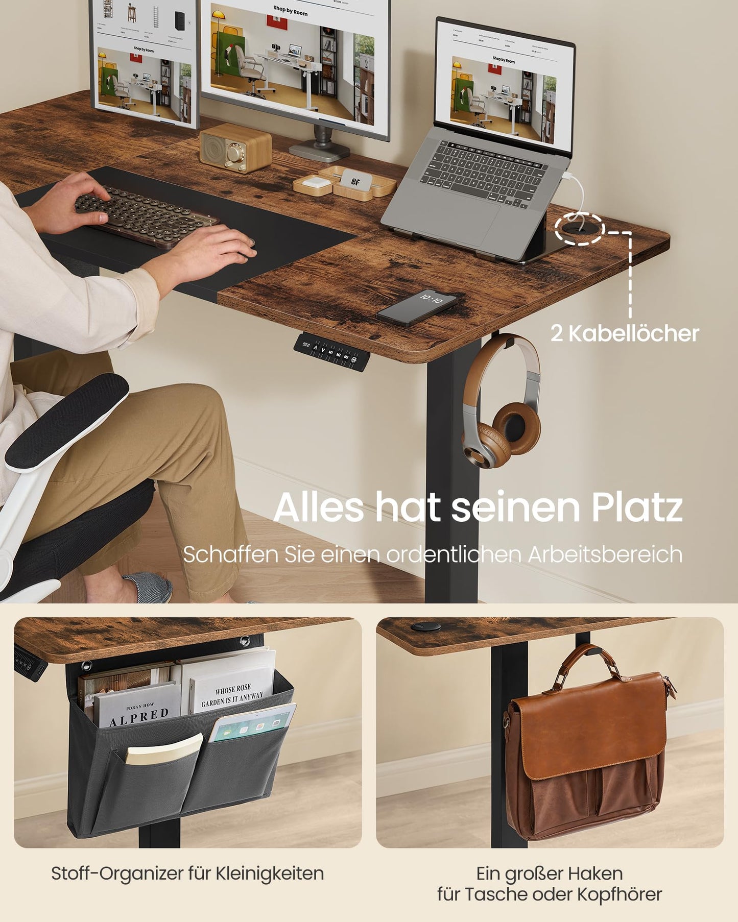 SONGMICS Electric height-adjustable desk, 140 x 60 cm, infinitely adjustable, memory function with 4 heights, vintage brown-ink black LSD016X01