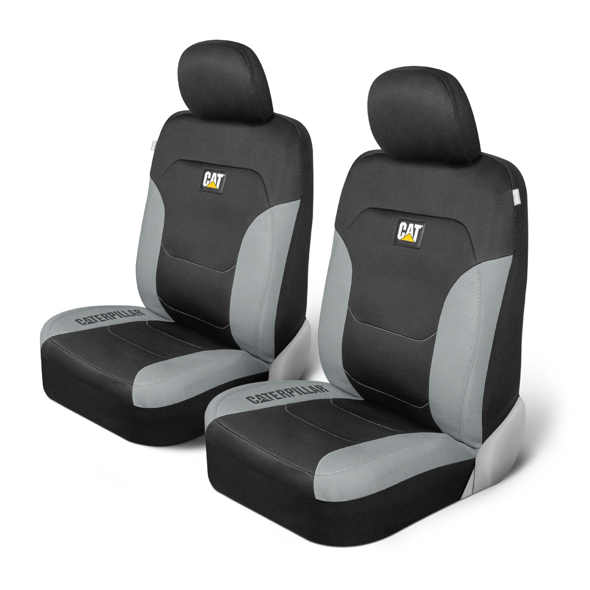 Caterpillar Flexfit Huse de scaun auto pentru autoturisme, camioane și SUV-uri, negru, huse pentru scaunele din față, protecții pentru scaune cu detalii în gri, huse interioare auto, set de 2. - CASC-2274-GR