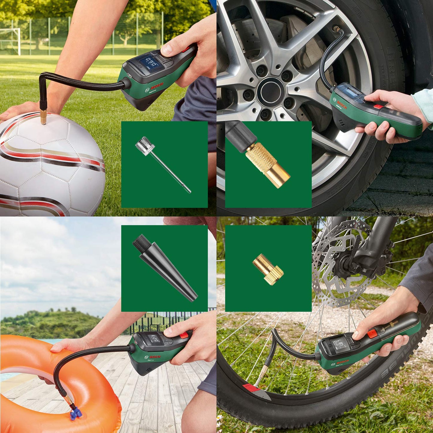 Bosch electric bicycle pump/air pump/mini compressor EasyPump (3.0 Ah battery; 3.6 volts; autostop function; 150 PSI; 10.3 bar; LED; USB-C®; 3x adapter; quick connection plug; bicycle bag) - 0603947002