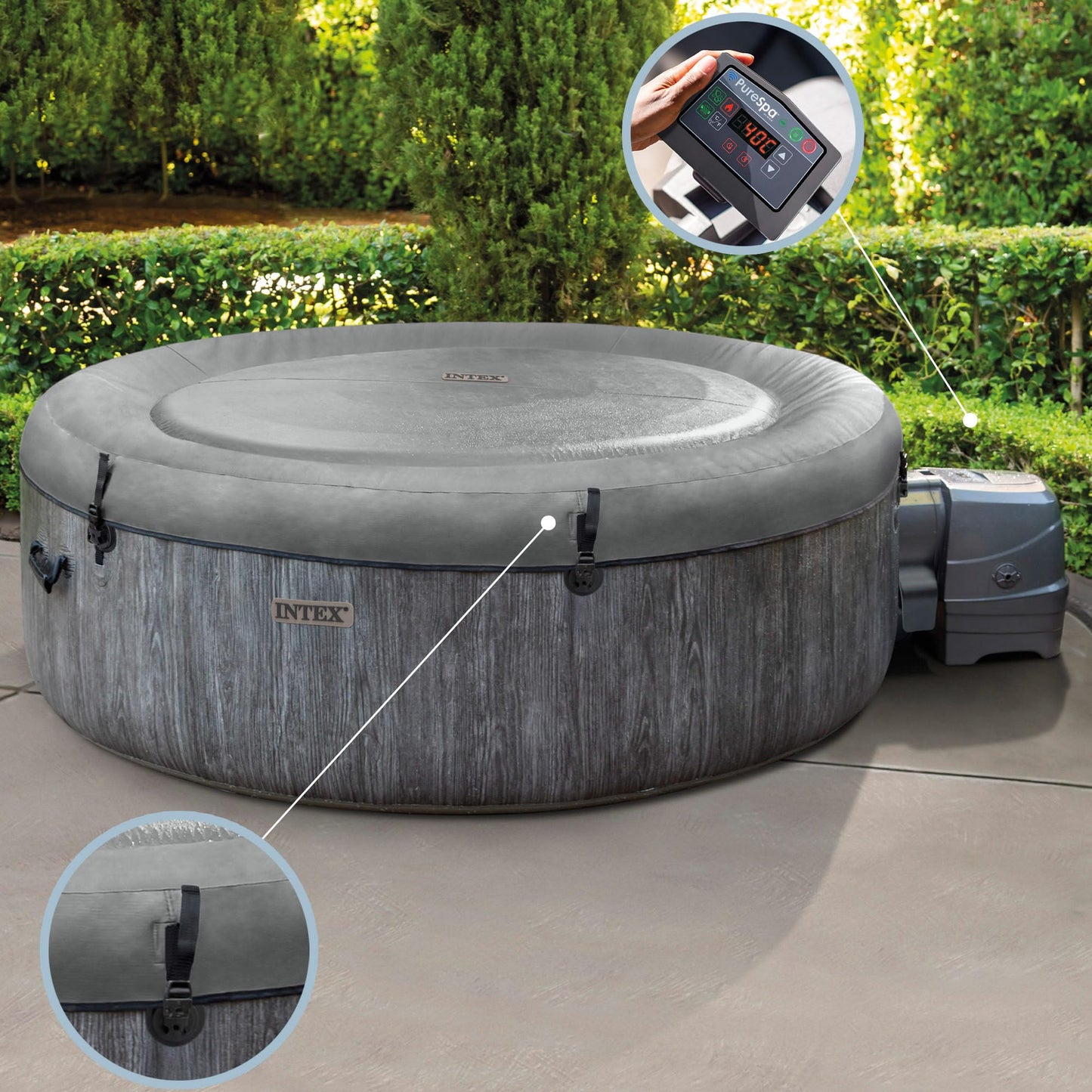 INTEX PureSpa Greywood Deluxe - 4-person whirlpool, with gray wood grain, 140 air jets, 2200 W heater, with LED lighting, water softening system & app control - 28440NP