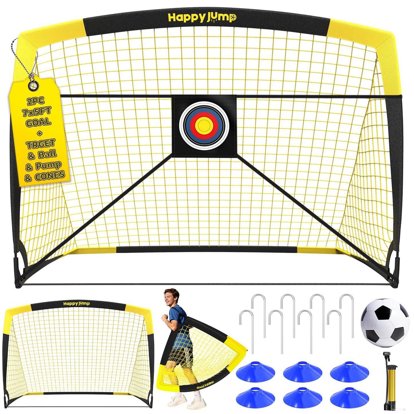 Happy Jump Pop-Up Football Goals - 213x152 cm, 2 goals, black yellow with ball, pump, cone & target | Complete training set for garden & family - Z2500900BQ1