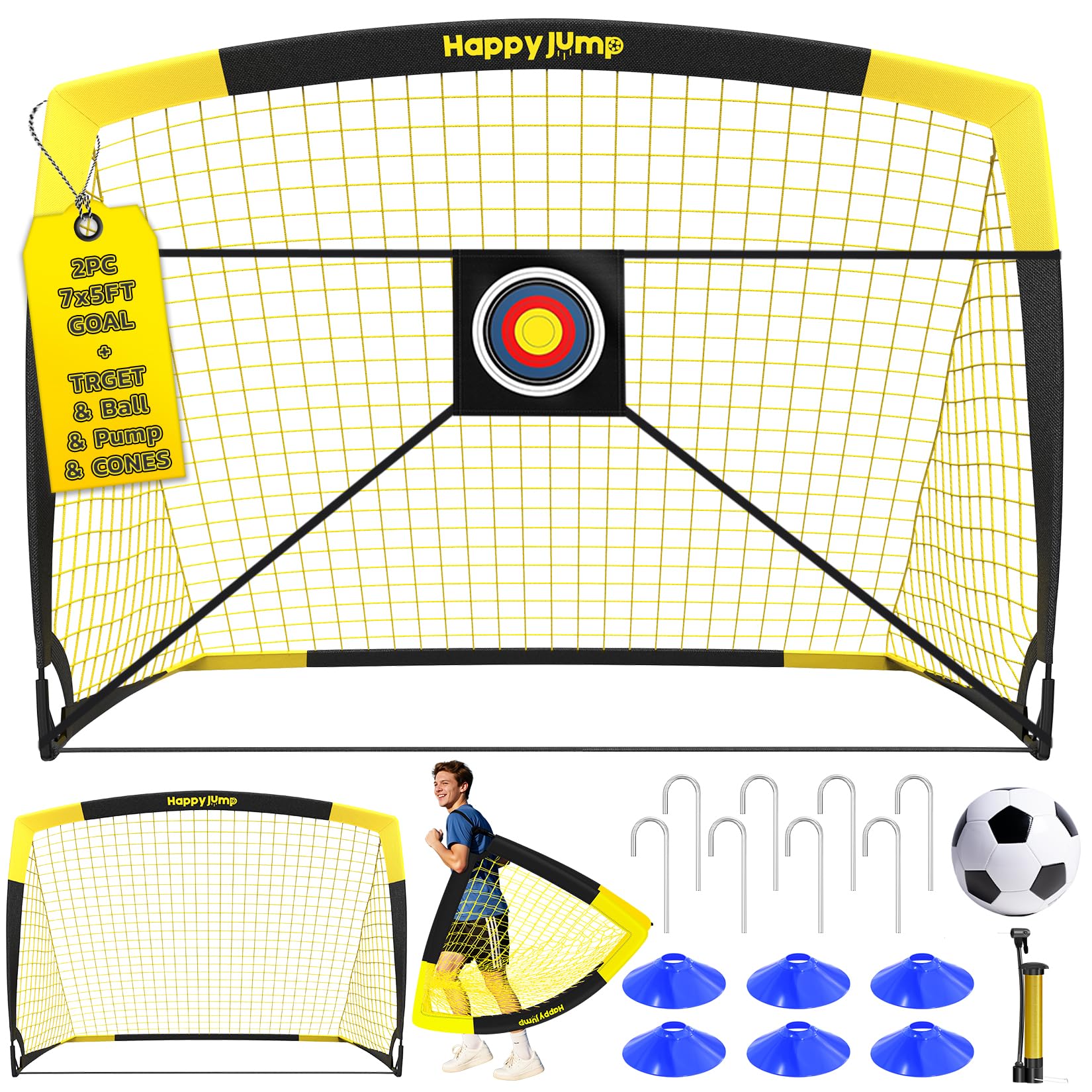 Happy Jump Pop-Up Football Goals - 213x152 cm, 2 goals, black yellow with ball, pump, cone & target | Complete training set for garden & family - Z2500900BQ1