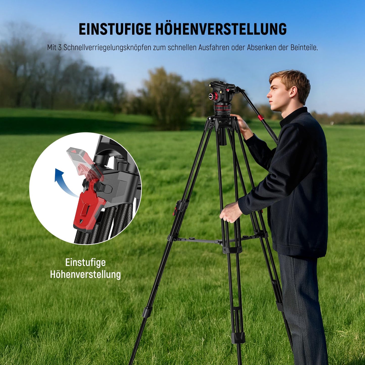 NEEWER 78" Carbon Fiber Video Camera Tripod, Damping Adjustable Fluid Head One Step Quick Release with QR Plate and Handle Robust Tripod for DSLR Camera and Camcorder Max Load Capacity 10kg LL37