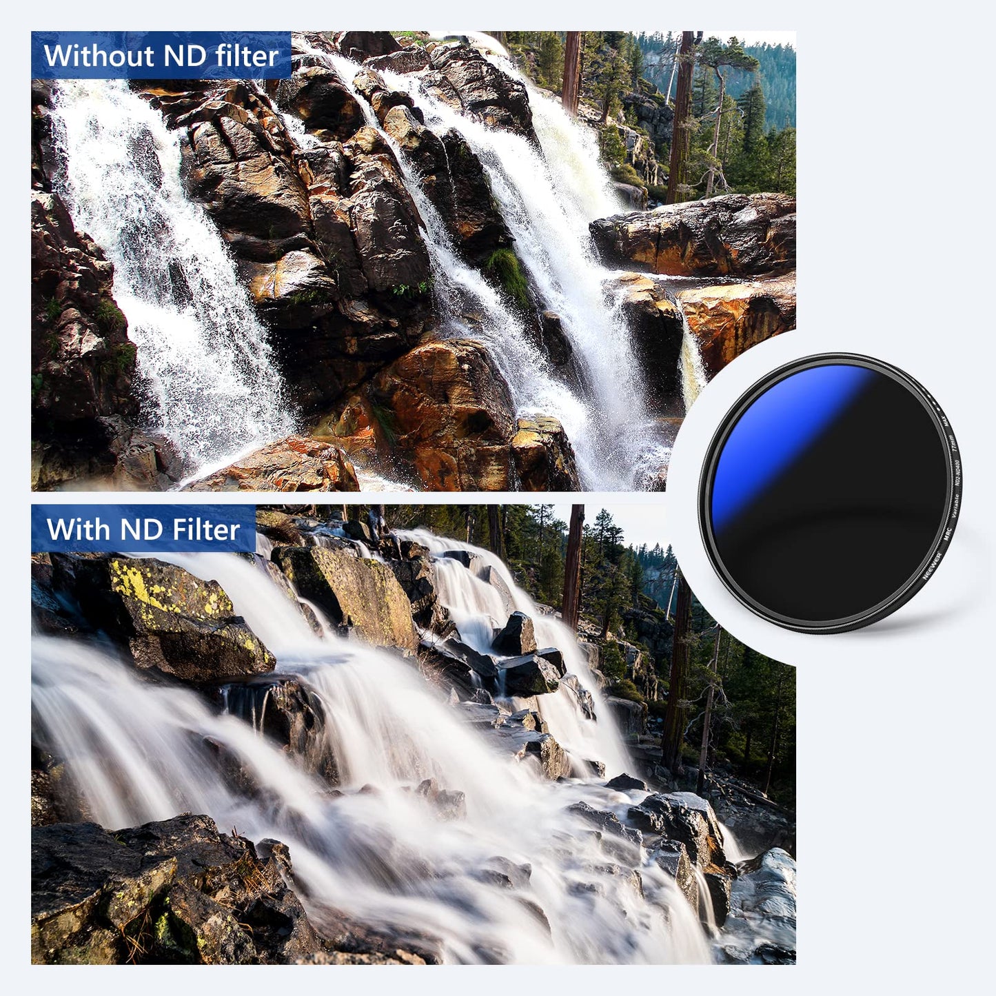 NEEWER ND2-ND400 Variable ND filter 77mm (1-9 stops) with multi-layer coating, waterproof, scratch-resistant, ultra-thin and variable, gray filter - NW