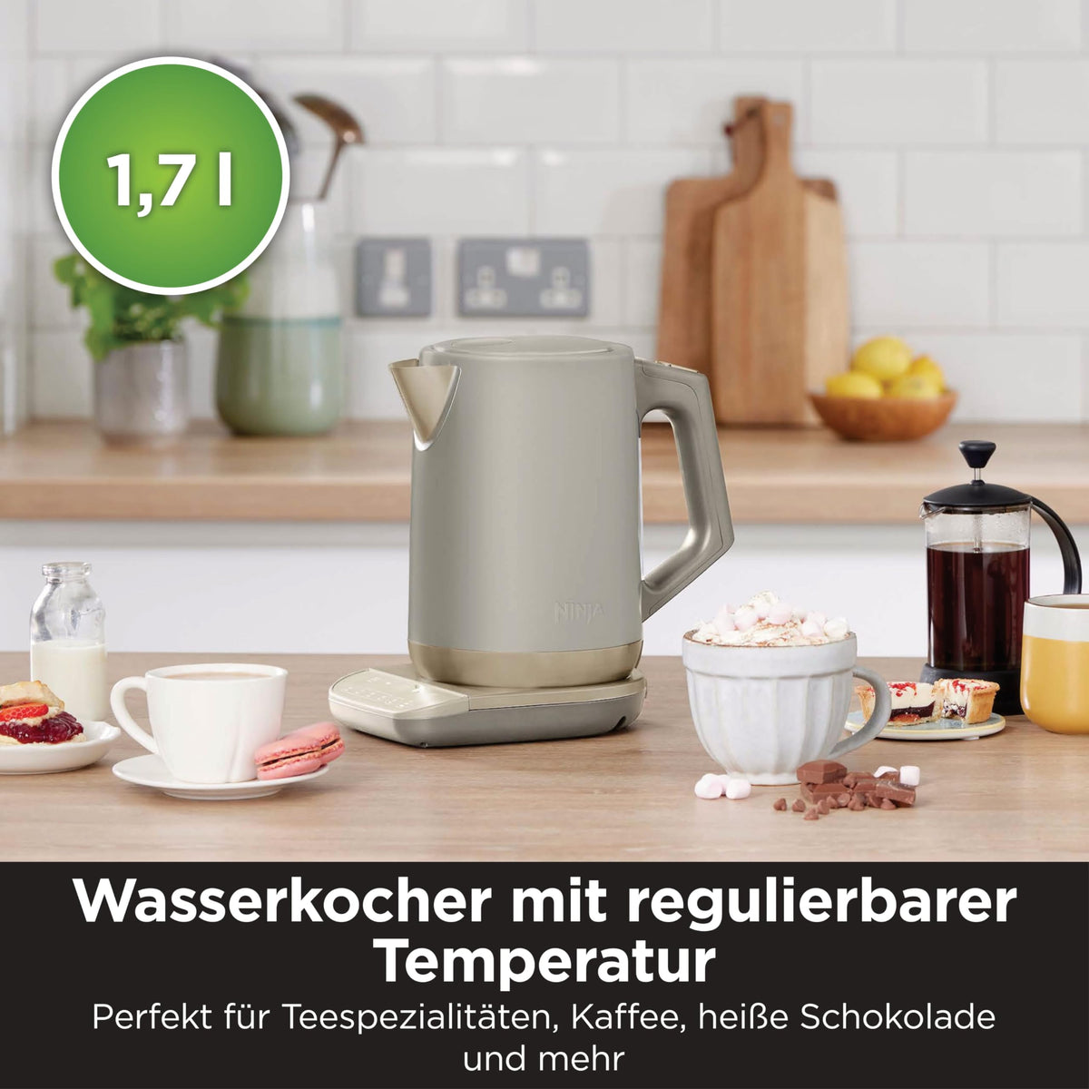 Fierbător de apă Ninja Perfect Temperature, 1,7 L, oțel inoxidabil, funcție de fierbere rapidă, 6 niveluri de temperatură, Stonegold - KT201EUSTGD