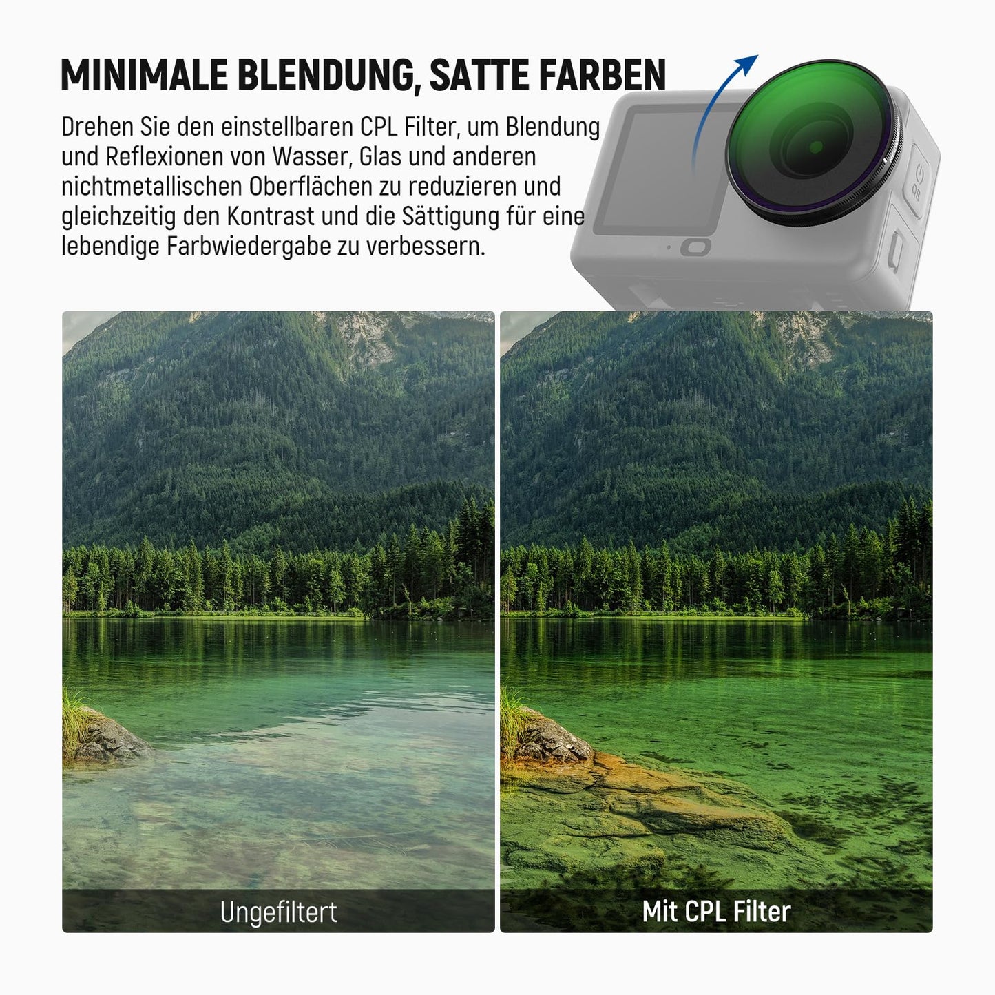 NEEWER CPL + ND filter set compatible with DJI Osmo Action 6 only, ND8/16/32/64/1000 adjustable circular polarizing filter gray filter, screw-on multi-coated action cam photo accessories, FL-B101