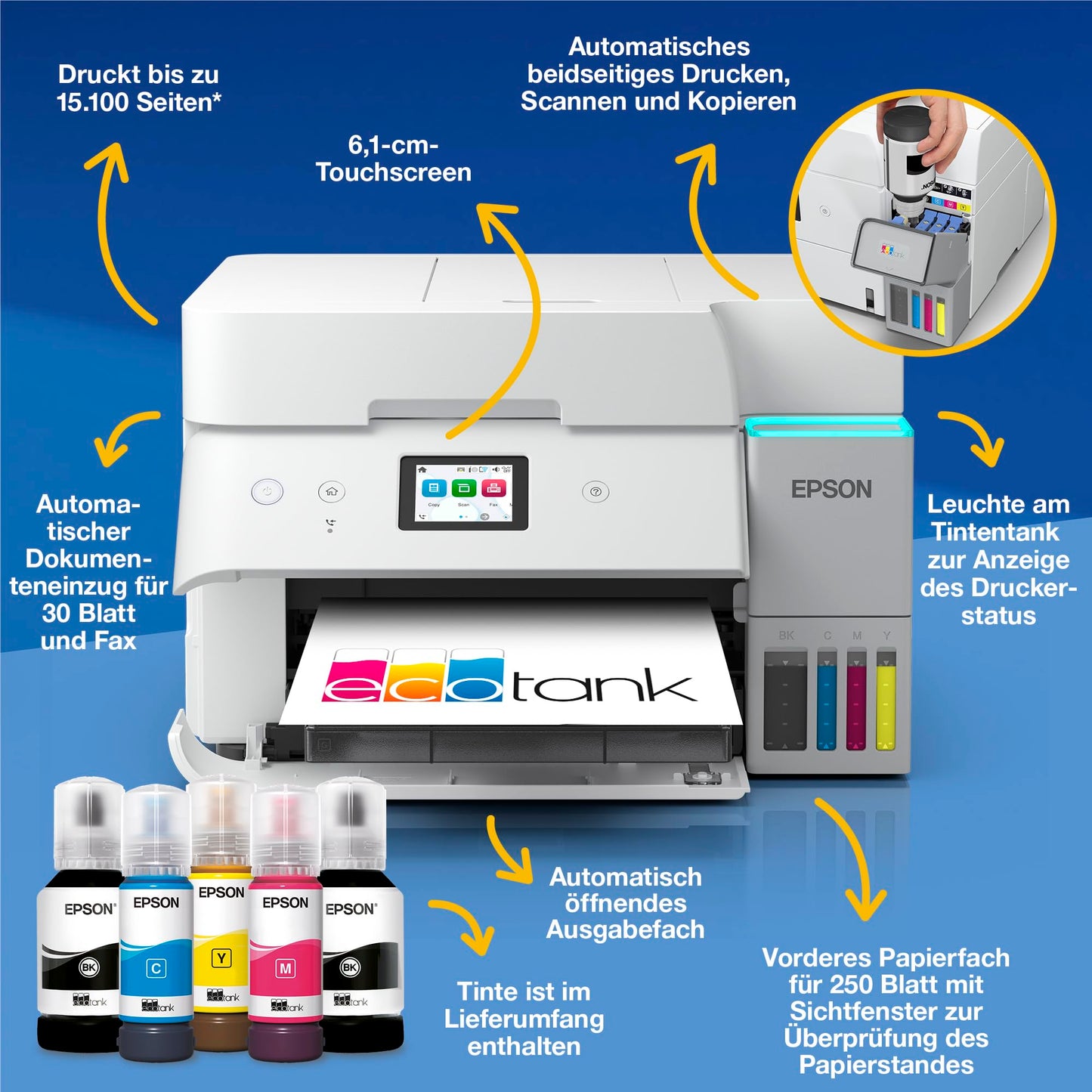 Epson EcoTank ET-4956 ink tank printer | for the home office | WiFi & Ethernet | A4 | (Duplex) printing, scanning, copying, faxing | 6.1 cm touchscreen | ADF | Includes ink for up to 3 years