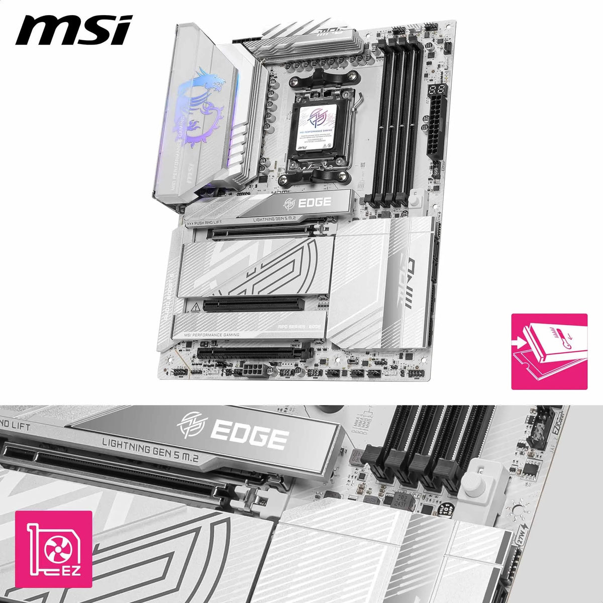 MSI MPG X870E Edge TI WiFi Motherboard, ATX - Supports AMD Ryzen 9000/8000 / 7000 processors, AM5-80A SPS VRM, DDR5 Memory Boost 8400+MT/s (OC), PCIe 5.0 x16, M.2 Gen5, Wi-Fi 7, 5G LAN - 7E59-002R