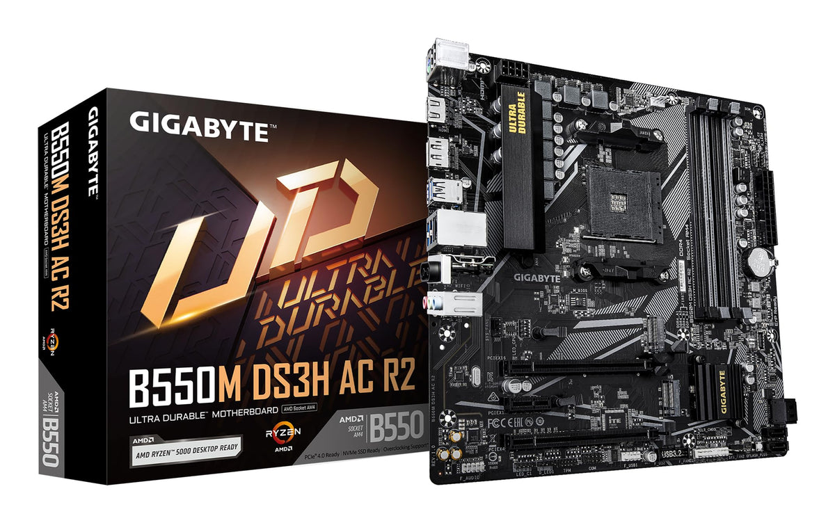 Placa de bază GIGABYTE B550M DS3H AC – compatibilă cu procesoarele AMD Ryzen 5000, VRM cu 5+3 faze, suport pentru DDR4 de până la 4733 MHz (O.C.), 1x PCIe 4.0 + 1x PCIe 3.0 M.2, Wi-Fi 5, LAN 1 GbE, USB 3.2 Gen 1