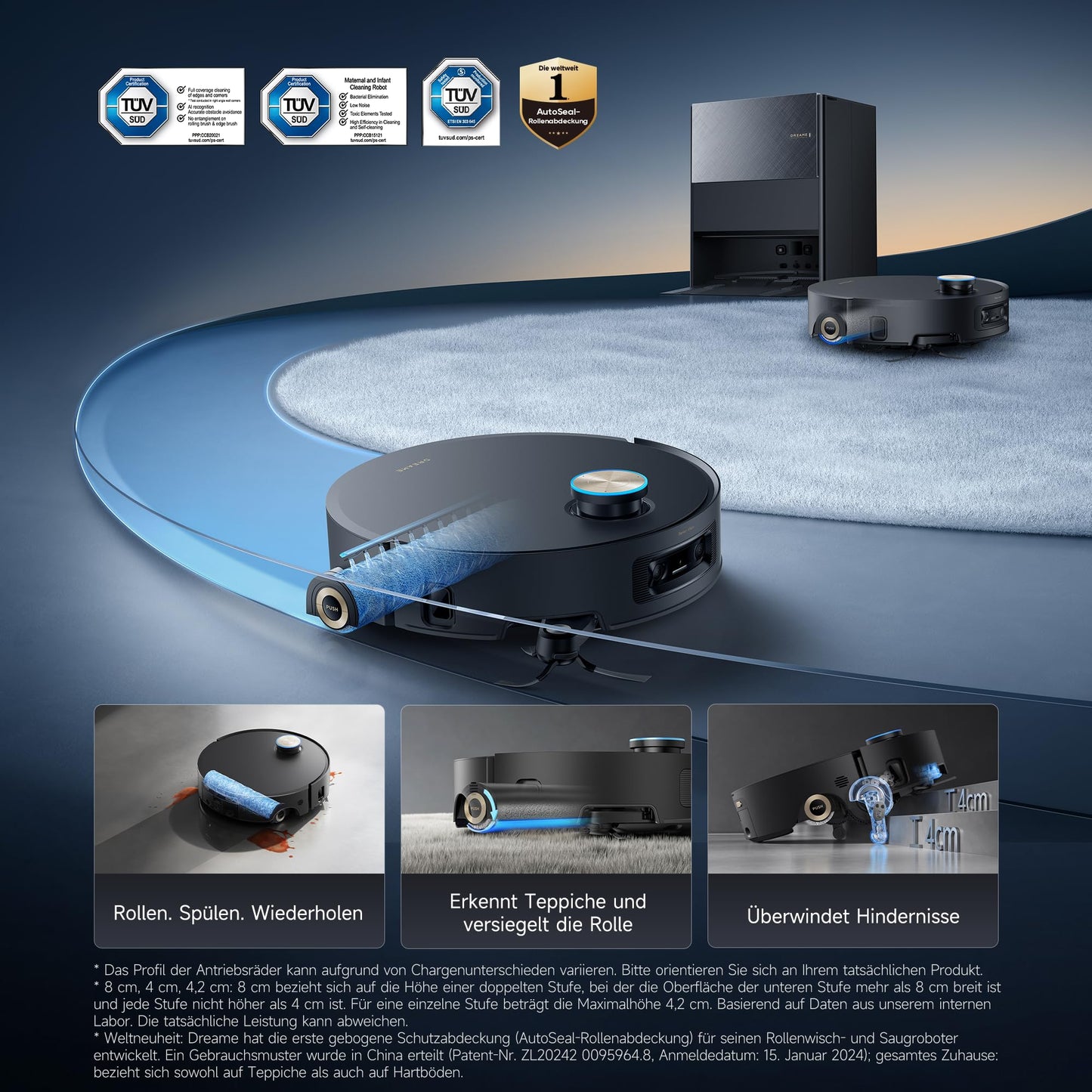 dreame Aqua10 Ultra Roller Complete vacuum robot with wiping function, 30,000Pa suction power, 8 cm obstacle clearance, self-cleaning of the rollers, automatic emptying, intelligent voice control Black - RLH71DE-1