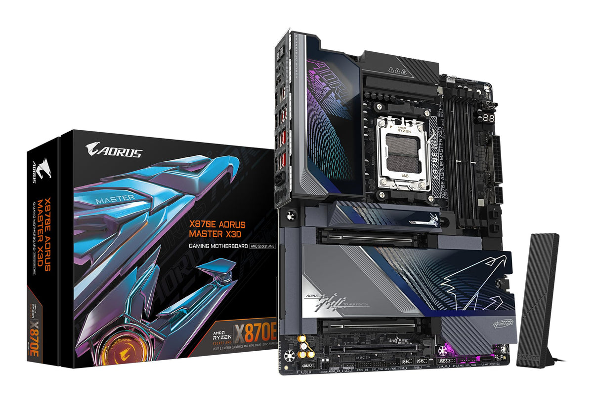 GIGABYTE X870E AORUS Master X3D Motherboard - Supports AMD Ryzen 9000 CPUs, digital 18+2+2 phase VRM, up to 9000MHz DDR5 (O.C.), 2x PCIe 5.0 + 3x PCIe 4.0, Wi-Fi 7, 10GbE LAN, USB 4