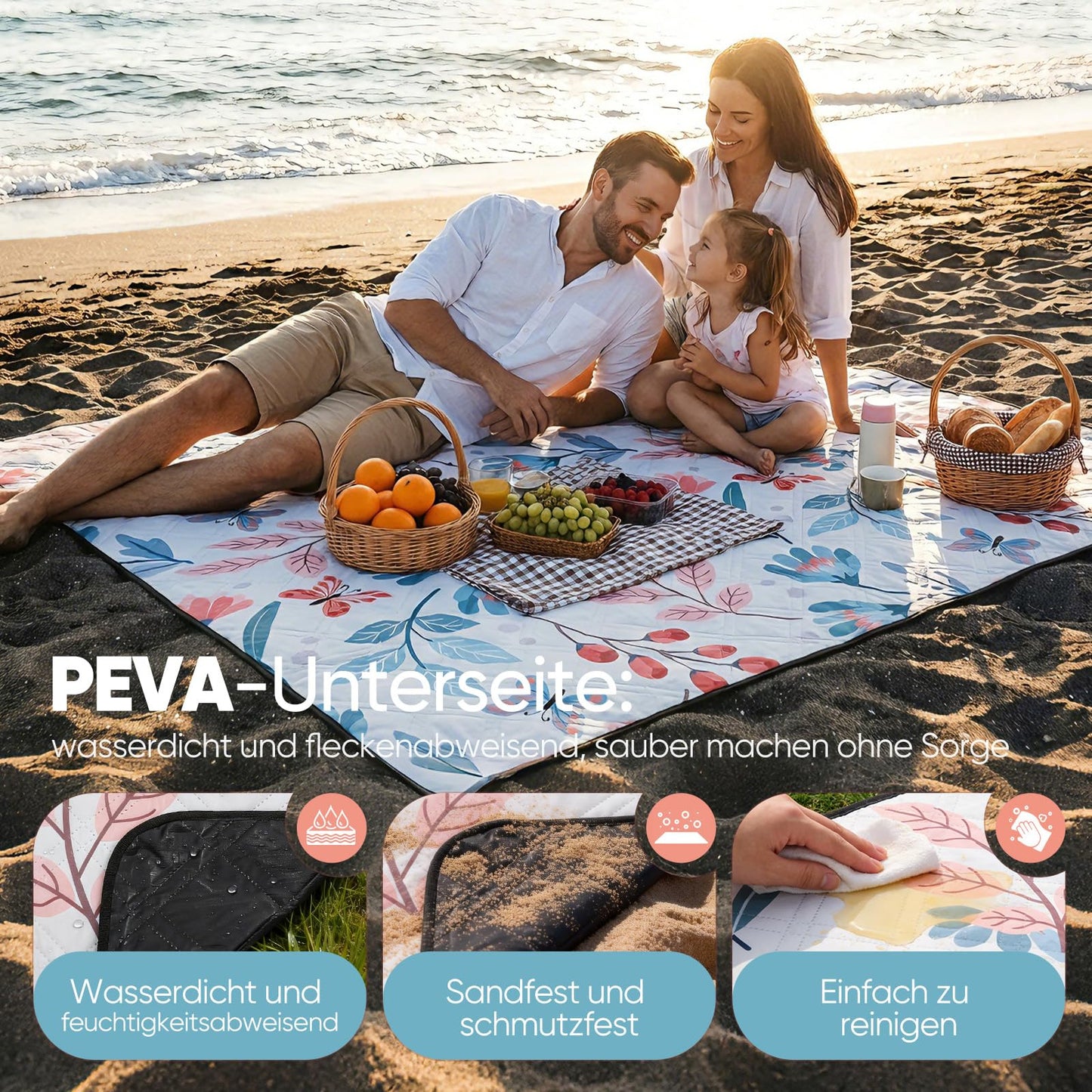 Sekey picnic blanket, waterproof, 150 x 200 cm, beach blanket, sand-free Padded, three-layer structure, PEVA waterproof base, tie strap carry strap, suitable for picnic, camping, beach - PM7