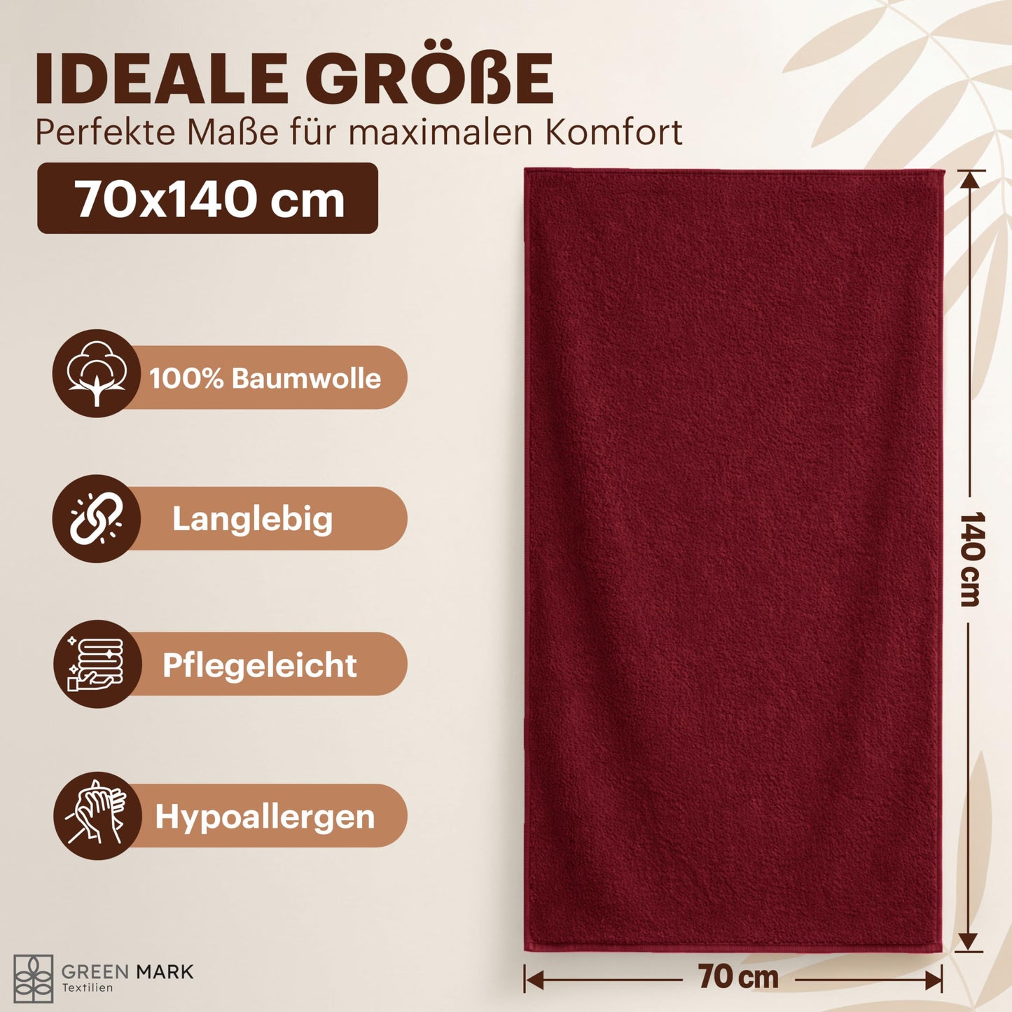 NatureMark 4-piece shower towel set - soft and absorbent shower towels made from 100% cotton, suitable for everyday use - burgundy red, 70x140 cm - GM-TWL-400-B-71