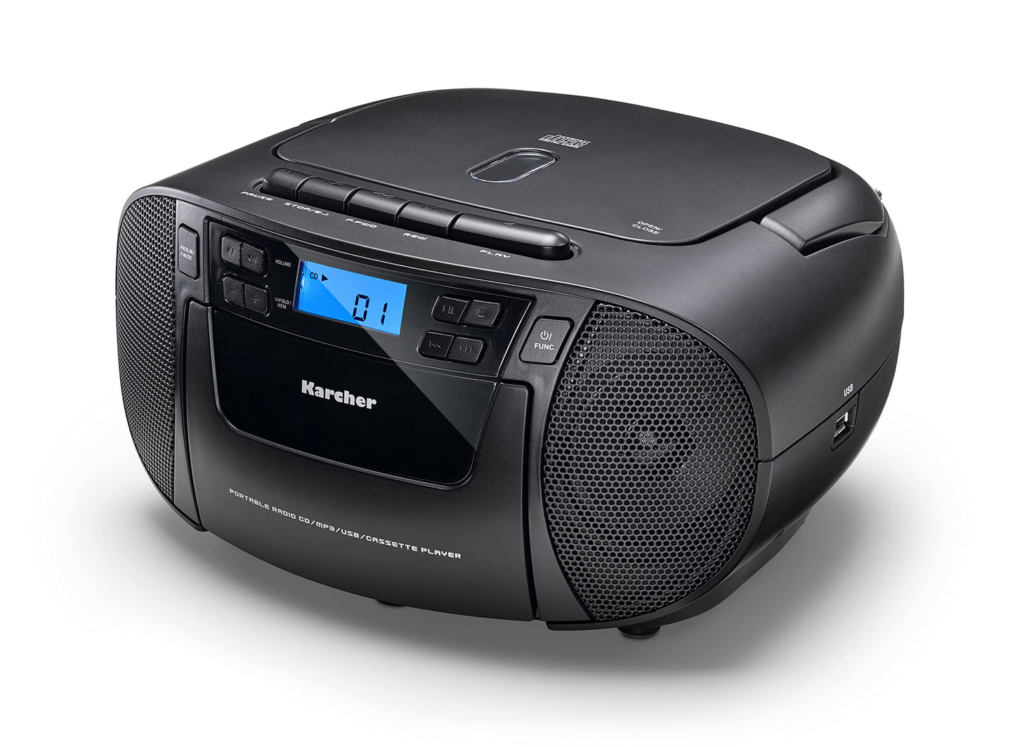 Karcher RR 5045 portable CD radio (boombox with CD player, cassette, FM radio, mains operation, USB & AUX-In) black