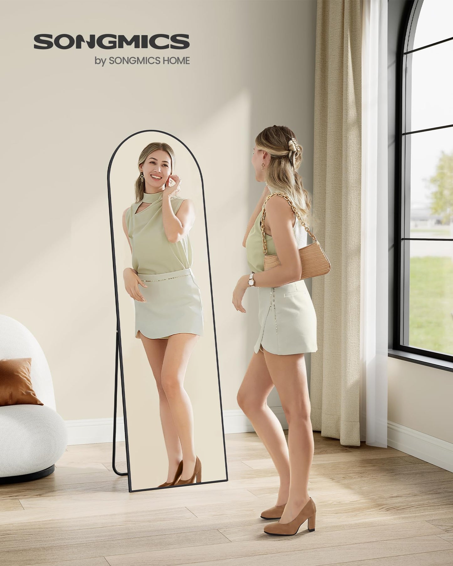 SONGMICS Full Length Mirror 160x50cm Curved Standing Mirror Aluminum Alloy Frame Tempered Glass for Bedroom Living Room Cloakroom Ink Black LFM031B01