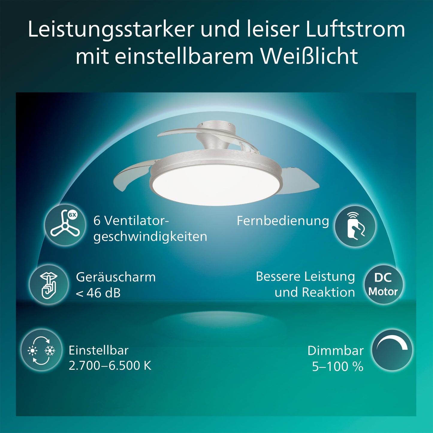 Philips Atlas ceiling fan with LED light and retractable blades, 3 blades, 106 cm wingspan, 4,500 lumens, adjustable. Light (3,000 K to 6,500 K), dimmable up to 5%, incl. remote control, nickel - 929004749901