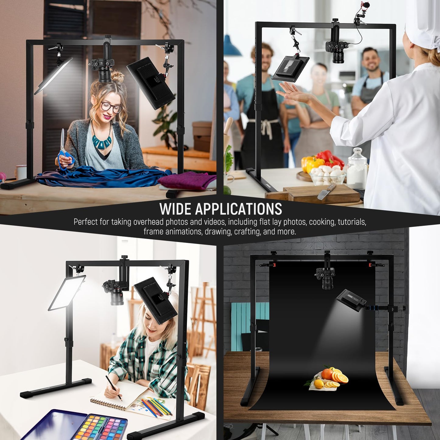 NEEWER Overhead Camera Mount for Top-Down Shooting, Steel Table Top, Multiple Mounting Platform for Flatlay Photography Light Cooking Drawing Crafts, for Tables≥1m Length ST100