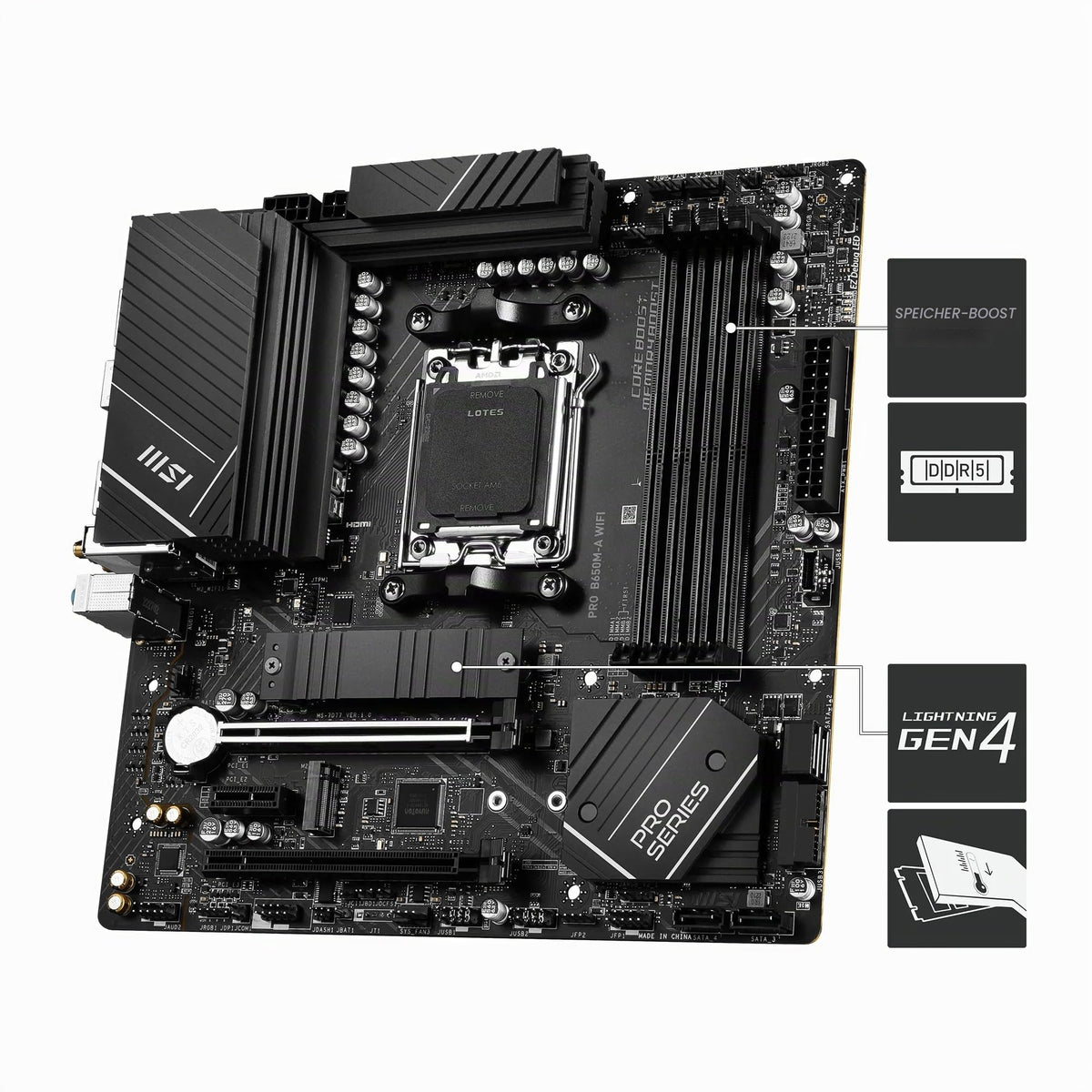 MSI PRO B650M-A WiFi Motherboard, Micro-ATX - Supports Ryzen 9000, 8000 & 7000 Series Processors, AM5 - DDR5 Memory Boost 6400+MHz/OC, 2 x PCIe 4.0 x16, 2 x M.2 Gen4, Wi-Fi 6E - 7D77-001R