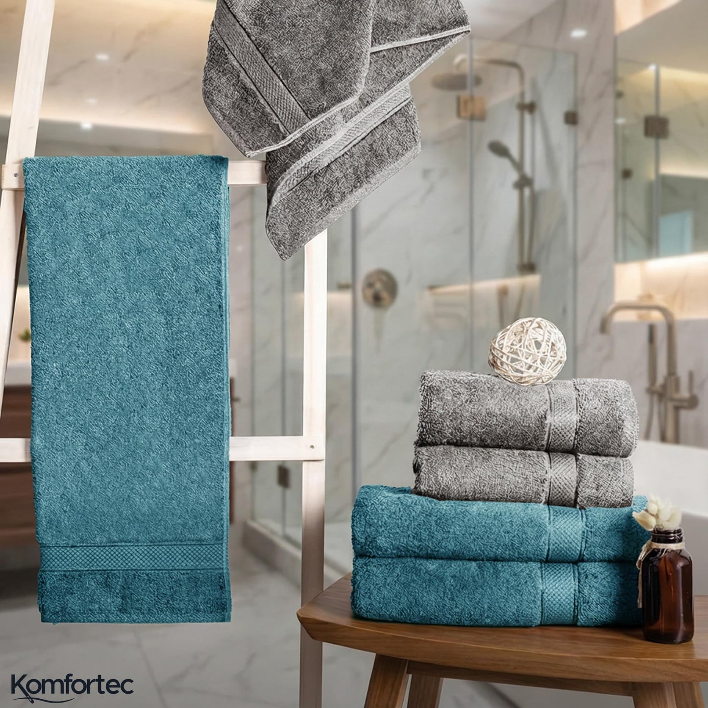 Komfortec set of 8 towels, 4 bath towels 70x140 cm & 4 hand towels 50x100 cm, 100% cotton terry cloth, fluffy and absorbent, anthracite/turquoise - 4er-50x100-und-4er-70x140-anth-turkis