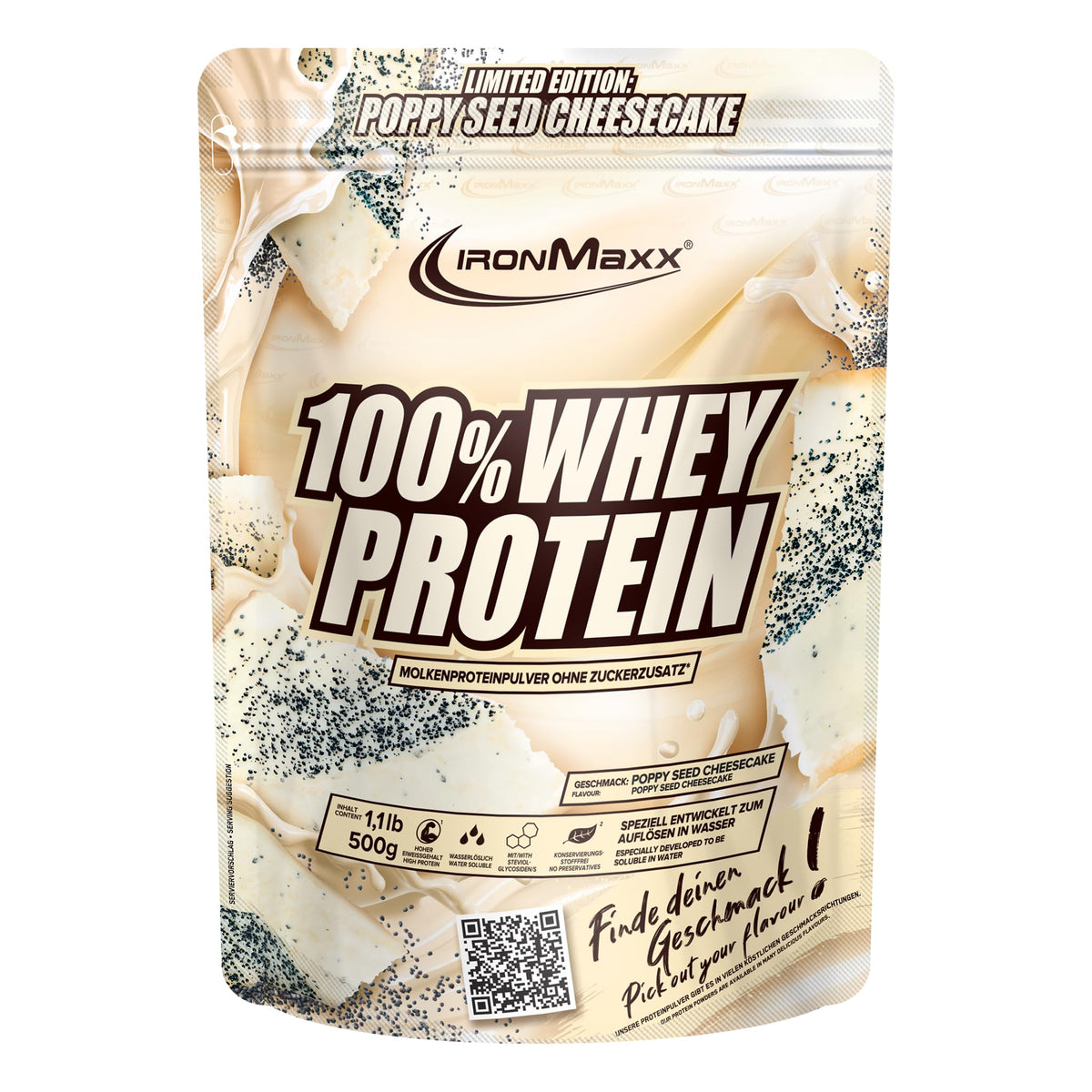 IronMaxx 100% Whey Protein Powder 500g - Poppy Seed Cheesecake | Creamy Protein Shake with BCAAs & EAAs | High Protein, Low Carb & Low Sugar | Ideal for Muscle Building, Diet & Fitness - 42923