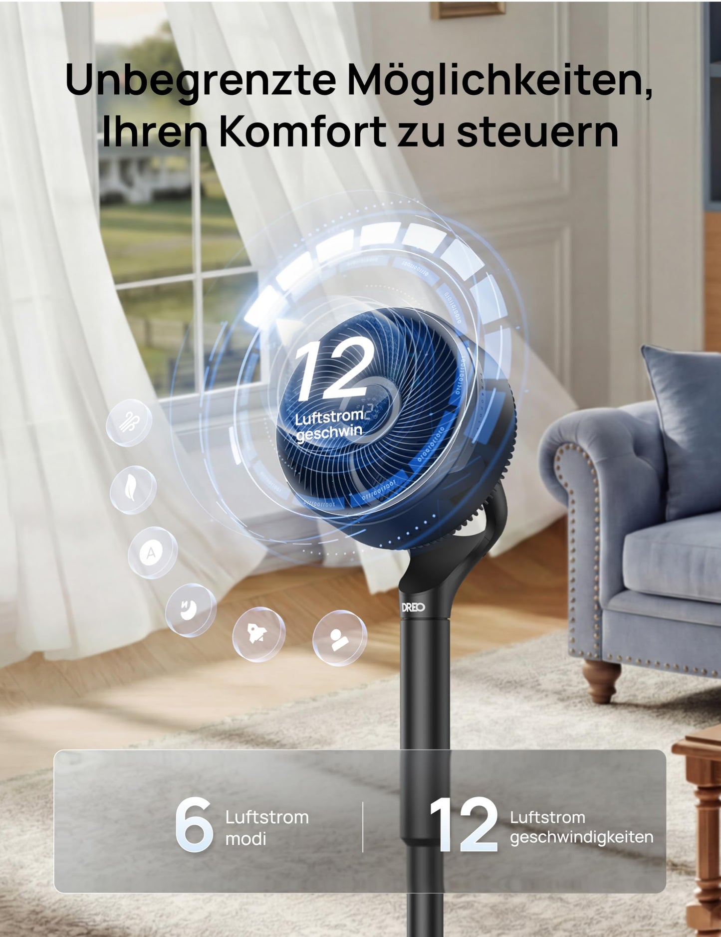 DREO Smart Bedroom Fan, Pedestal Fan, 150°+100° Omnidirectional Oscillation, 36.6m CirculAir Range, Quiet DC Motor, 12 Levels, 6 Modes, 20dB, Remote Control, 12h Timer. - DR-HPF015S