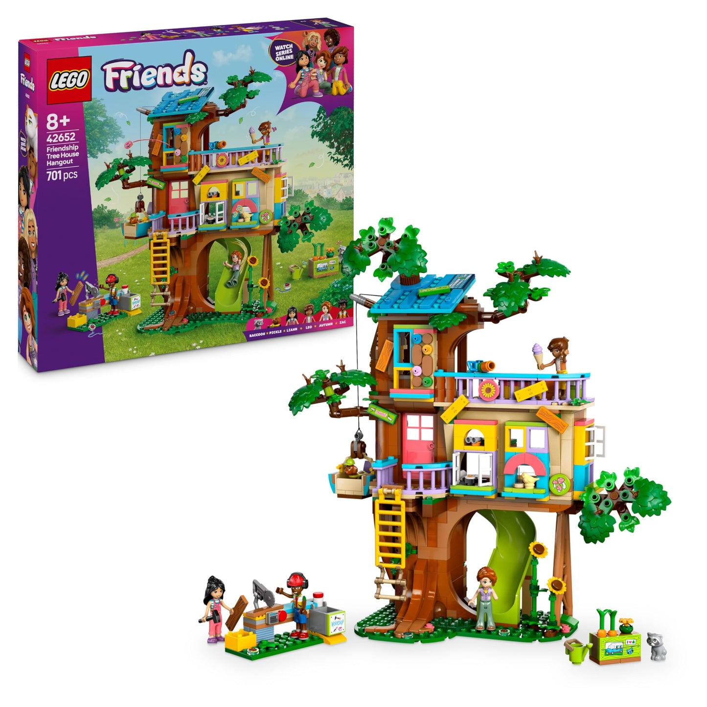 LEGO Friends Tree House - Building playset with 2 animal figures, 4 minifigures, a garden and toy food accessories - Popular gift for girls and boys aged 8 and over - 42652