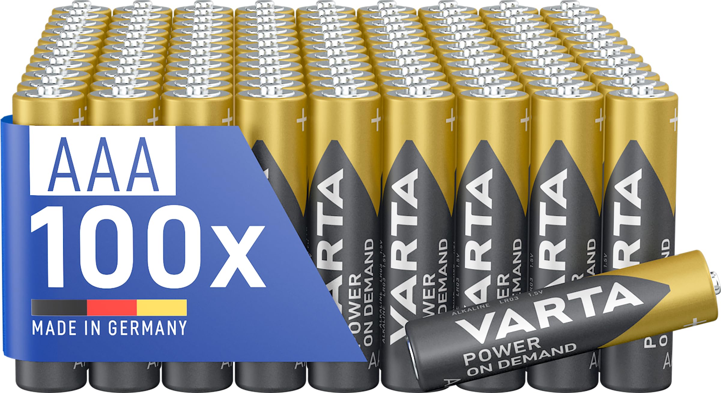 VARTA AAA batteries, 100 pieces, Power on Demand, Alkaline, 1.5V, supply pack in environmentally friendly packaging, ideal for computer accessories, smart home devices, Made in Germany [Exclusively at Amazon] - S7908978