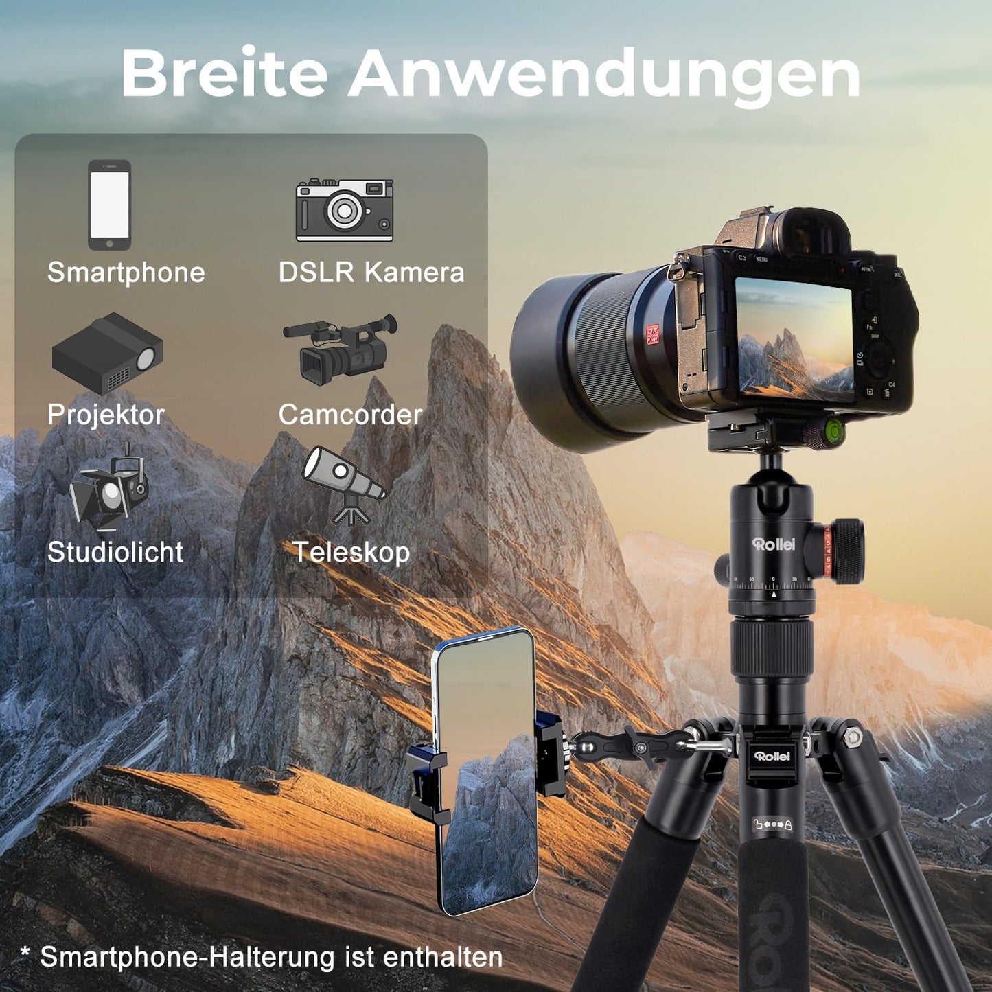 Rollei C5i camera tripod black, 158cm Compact photo tripod made of aluminum with ball head Lightweight travel tripod with monopod function for DSLR camera Arca Swiss compatible tripod for smartphone - 22583