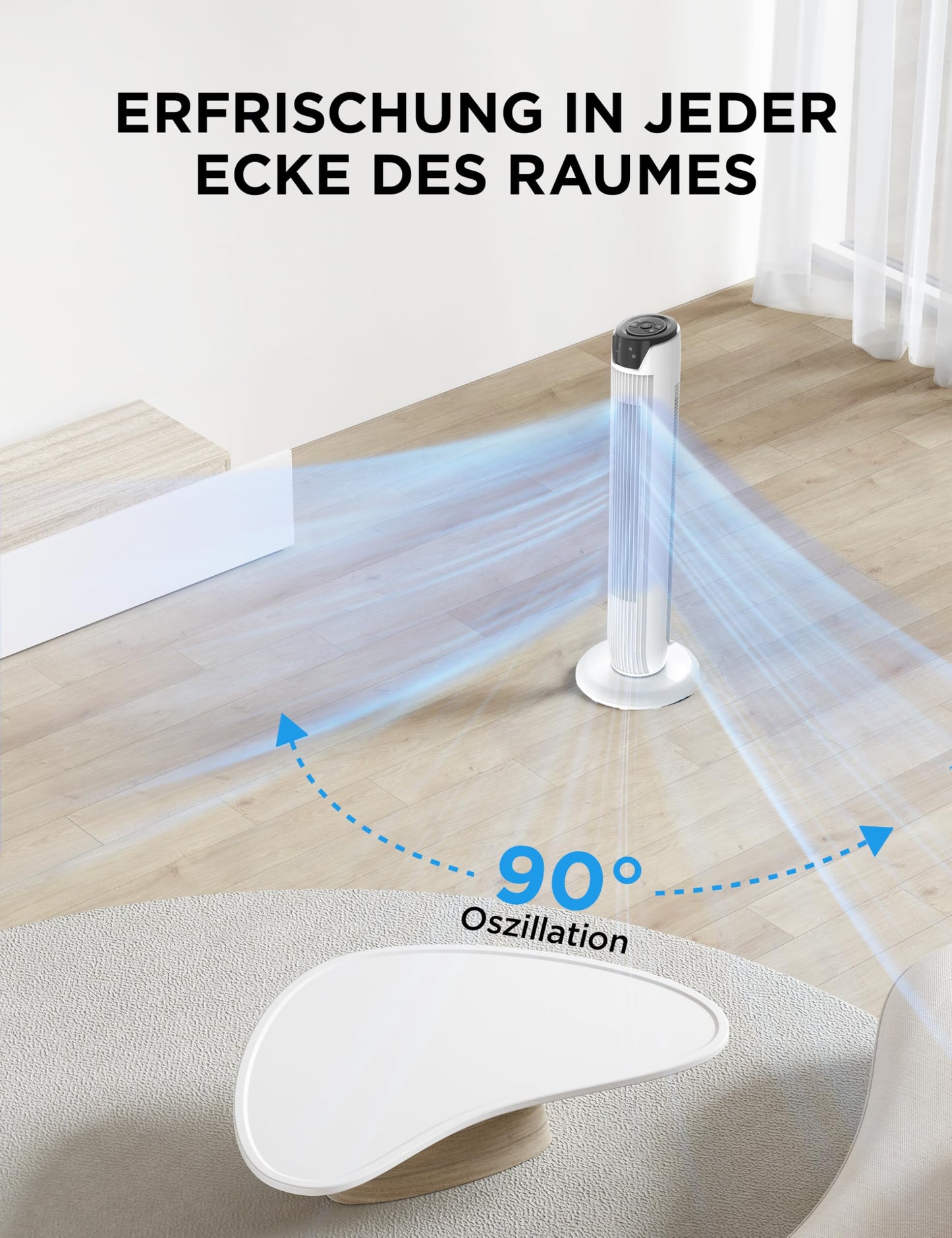 Midea FZ10-17JR(WH) Tower Fan Quiet with Remote Control 92CM, Mobile Fan, Column Fan, 7 Hour Timer, 3 Modes, 3 Speeds, 45W Stand Fan, White