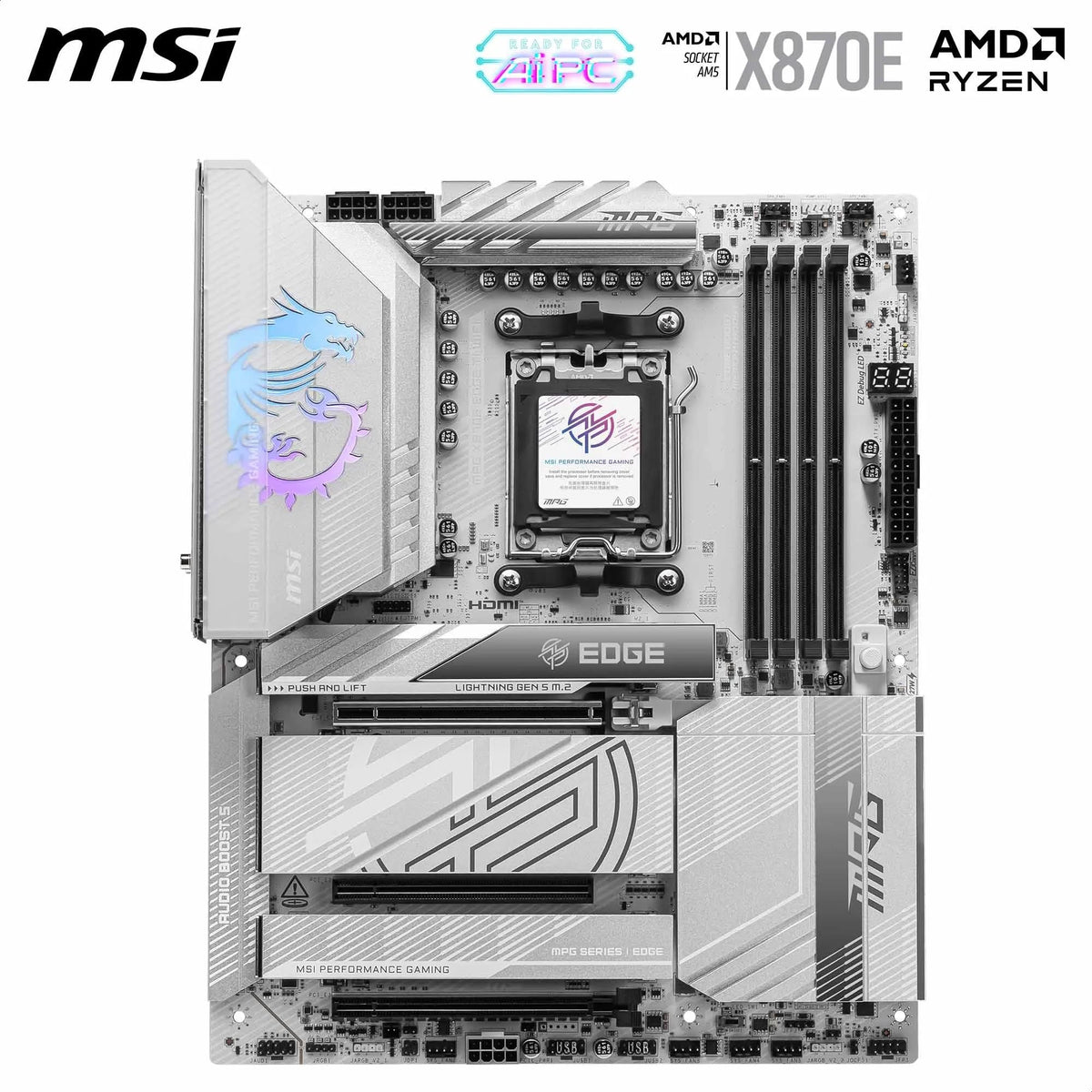 MSI MPG X870E Edge TI WiFi Motherboard, ATX - Supports AMD Ryzen 9000/8000 / 7000 processors, AM5-80A SPS VRM, DDR5 Memory Boost 8400+MT/s (OC), PCIe 5.0 x16, M.2 Gen5, Wi-Fi 7, 5G LAN - 7E59-002R