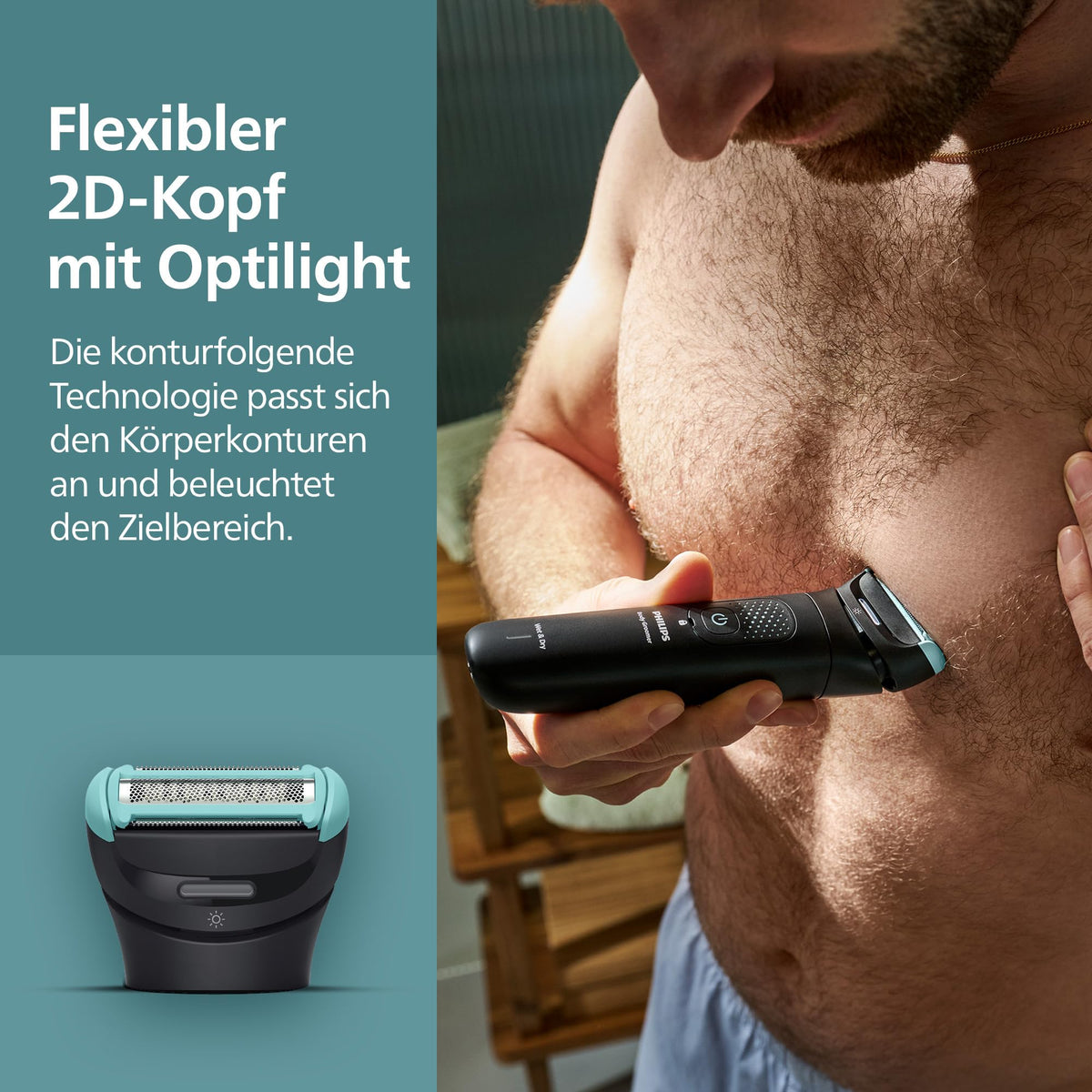 Philips Bodygroom Series 7000 – Trimmer for men, flexible 2D shaving head with triple protection - interchangeable shaving heads, suitable for intimate areas, 100% waterproof, 120 minutes of runtime, model BG7480/15