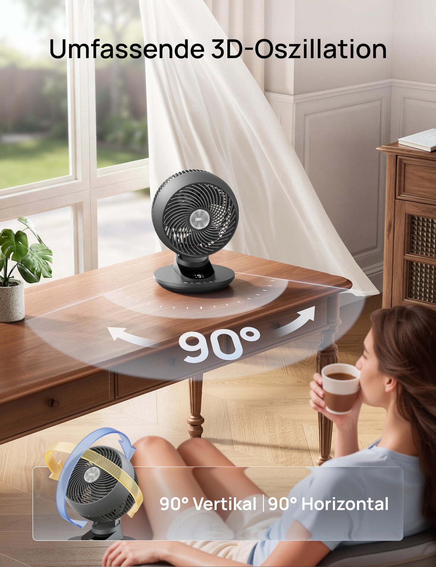 DREO 3D table fan, very quiet 22 dB, small fan with remote control, 8.8 m/s strong airflow, 90° oscillation, app & voice control, 9 levels, 8/12h timer for bedroom & office - DR-HAF008