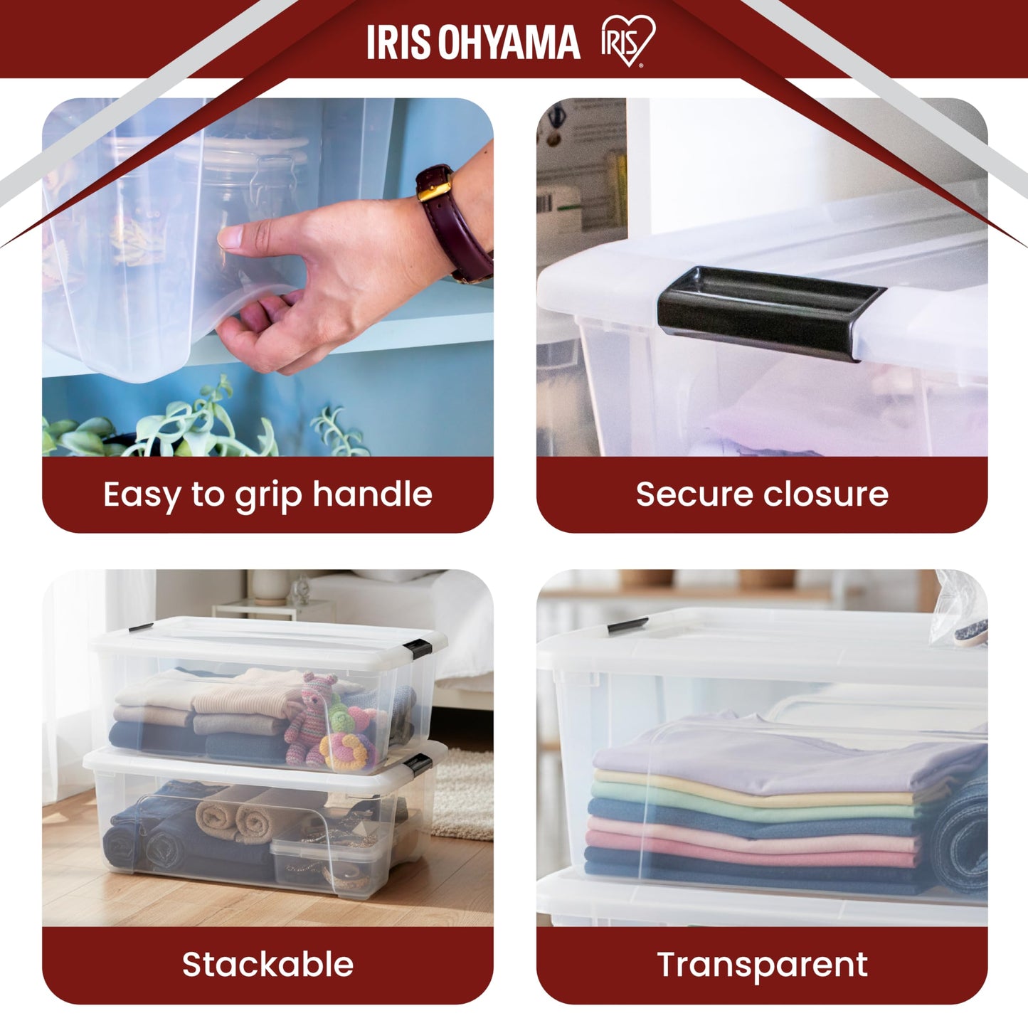 Iris Ohyama, Set of 6, Storage Boxes, 30 L with Clips, Stackable, Living Room, Bedroom, Garage - New Top Box NTB-30 - Transparent - 104514
