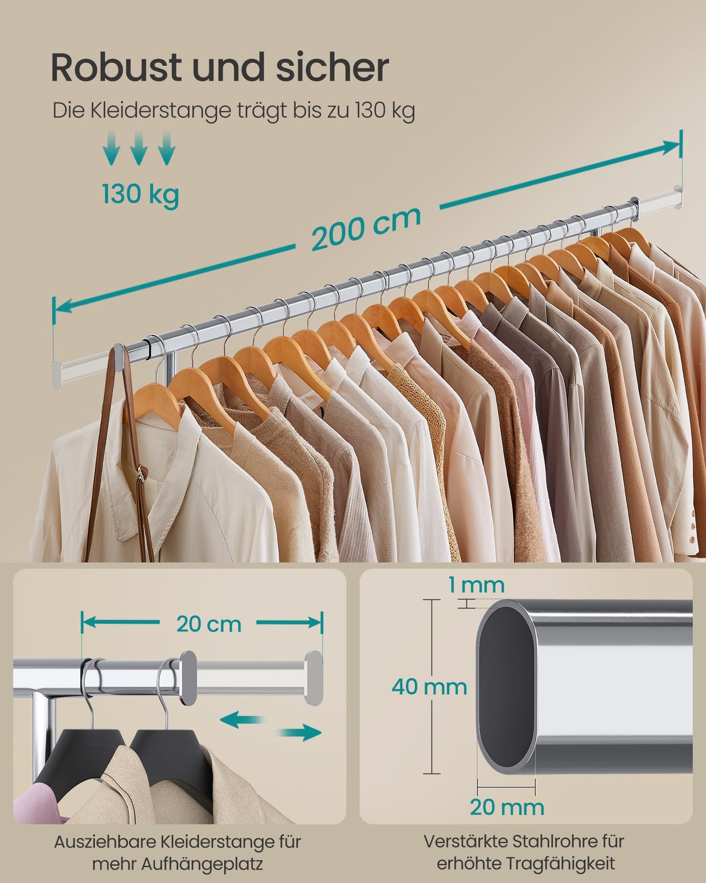 SONGMICS clothes rack on wheels, heavy-duty coat rack, extendable clothes rail, loads up to 150 kg, easy assembly, transportable, silver HSR175E01 - UHSR175E01