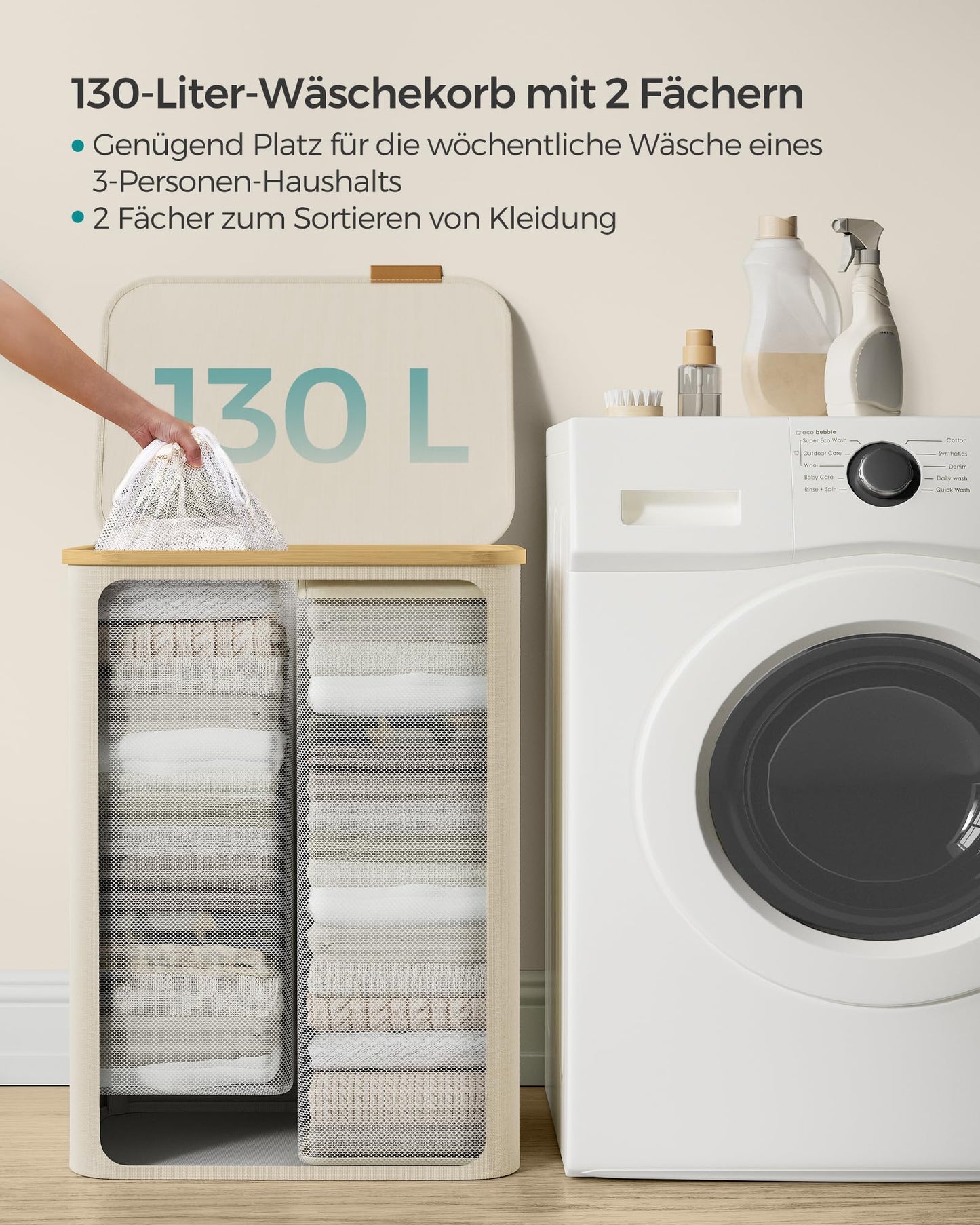 SONGMICS Laundry Basket with Lid, Laundry Hamper with 2 Compartments, 130L, Removable Laundry Bag, Oxford Fabric, Bamboo Handles, Foldable, 52 x 38.5 x 70.5 cm, Cream White LCB513W01 - LCB513W01V1