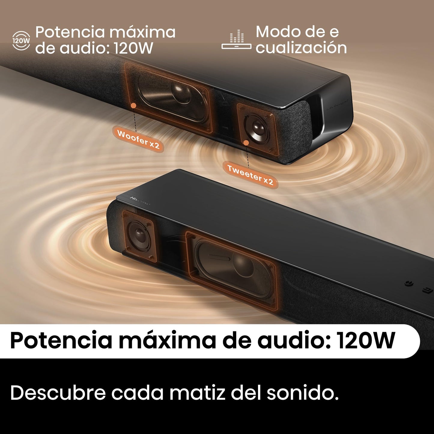 Hisense HS1000, 2.0 channel soundbar, 120W max audio power, Dolby Audio, DTS Virtual:X, Voice Enhanced, TV Mode, EzPlay
