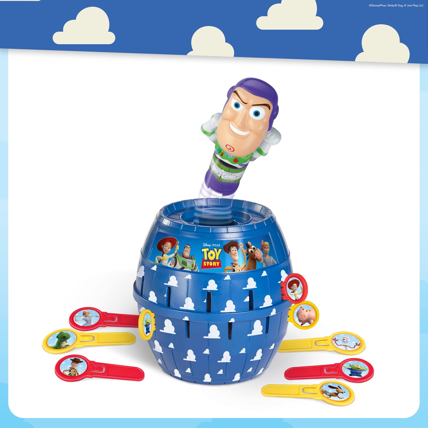 TOMY Pop Up Buzz Lightyear game, Toy Story children's action game, fun plug-in game with sticks, Disney Pixar Buzz Lightyear family game, quick reaction game for 2-4 players, ages 4 and up - T73938