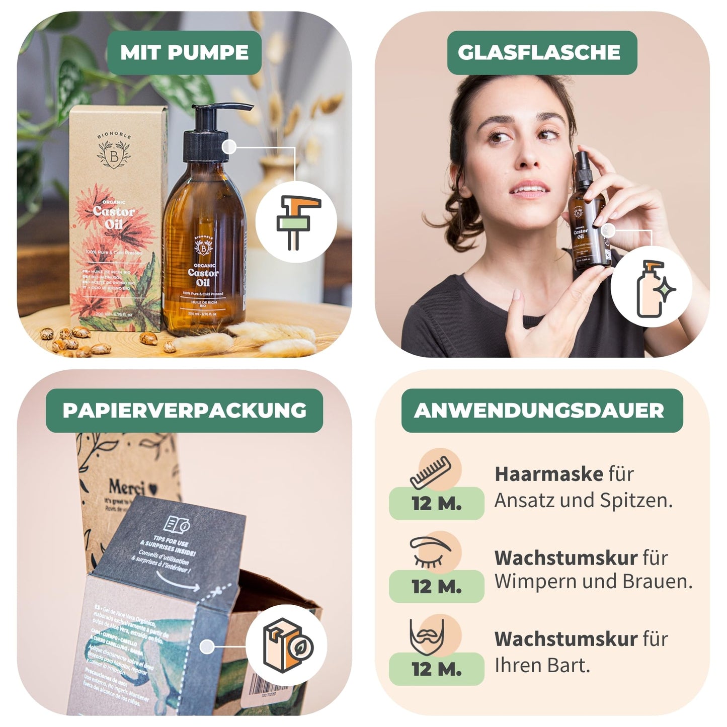 BIONOBLE Castor Oil Cold Pressed Organic - 100% Natural, Without Hexane - Promotes Growth, Repairs - Castor Oil Organic Hair, Eyelashes, Eyebrows, Skin - Castor Oil - Glass Bottle with Pump - 500ml - France