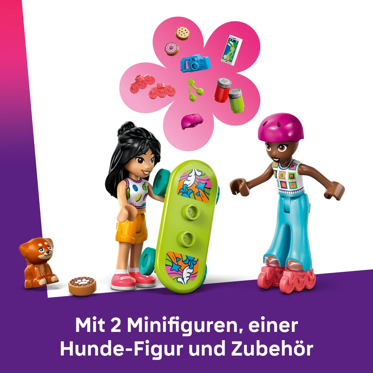 LEGO Friends adventure trip with friends - travel car with trailer - building set with 2 mini dolls, dog figure, kayak & fun accessories - skateboard & roller skates - toy for girls aged 6 and over - 42659