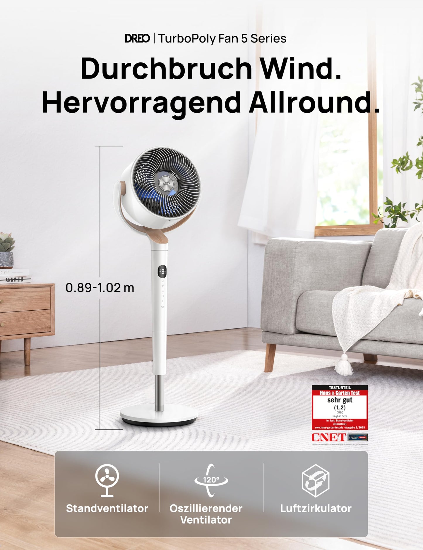 DREO 23dB quiet pedestal fan, 120°+120° omni-directional oscillating fan, 27M wind distance, 1615 m³/h air volume Real turbo air circulator fans, 89-102cm height 3 modes 8-speed - DR-HPF002