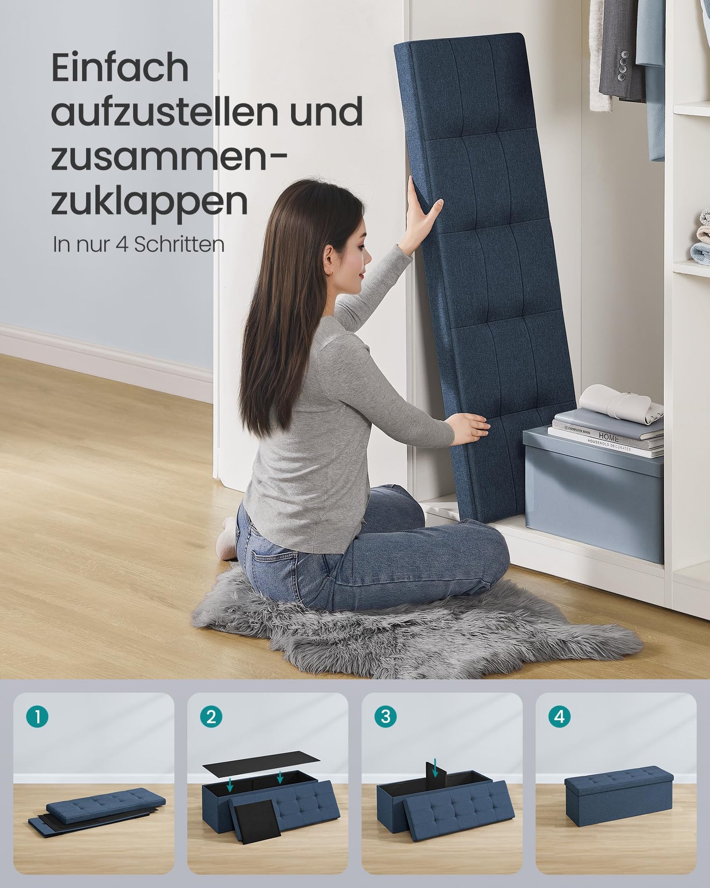 SONGMICS Stool with storage space, folding bench, 38 x 110 x 38 cm footstool, storage box, loads up to 300 kg, for living room, bedroom, hallway, midnight blue LSF77IN